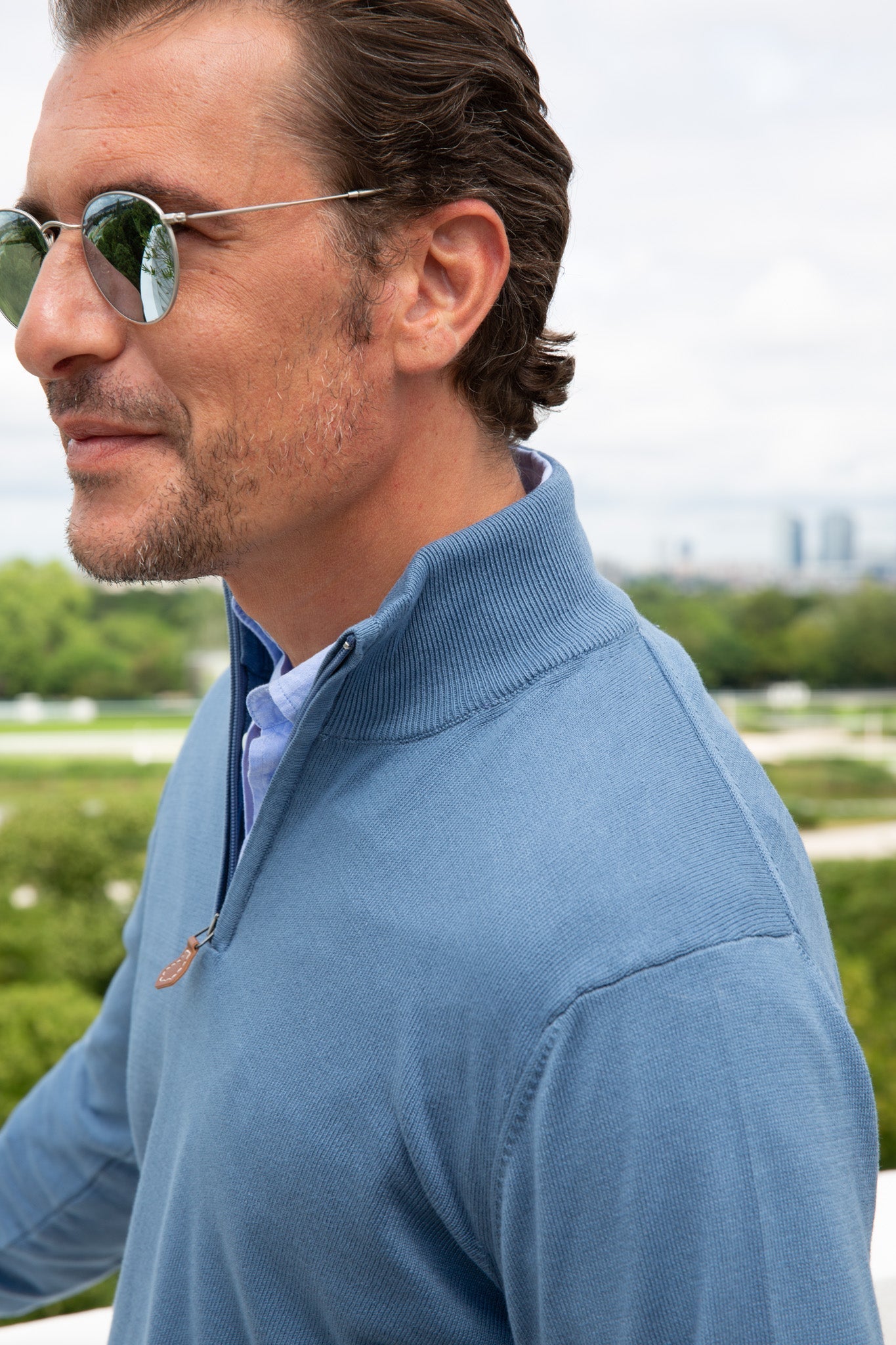 Pull John col zippé en coton avec coudières - Bleu-PULL HOMME-Curling-Paris