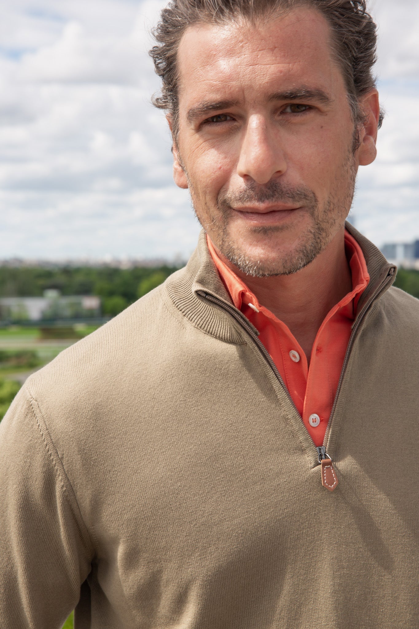 Pull John col zippé en coton avec coudières - Taupe-PULL HOMME-Curling-Paris