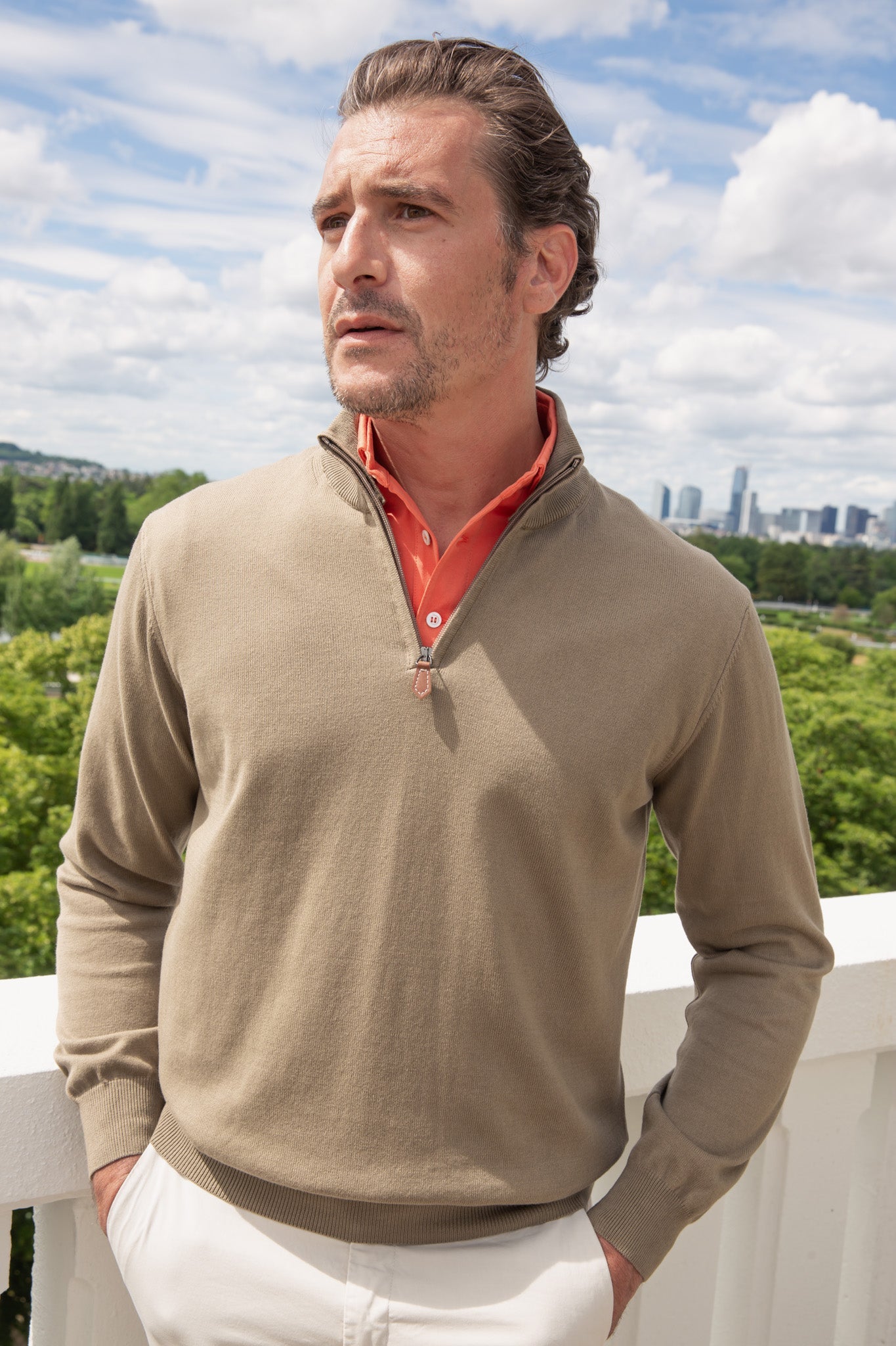 Pull John col zippé en coton avec coudières - Taupe-PULL HOMME-Curling-Paris
