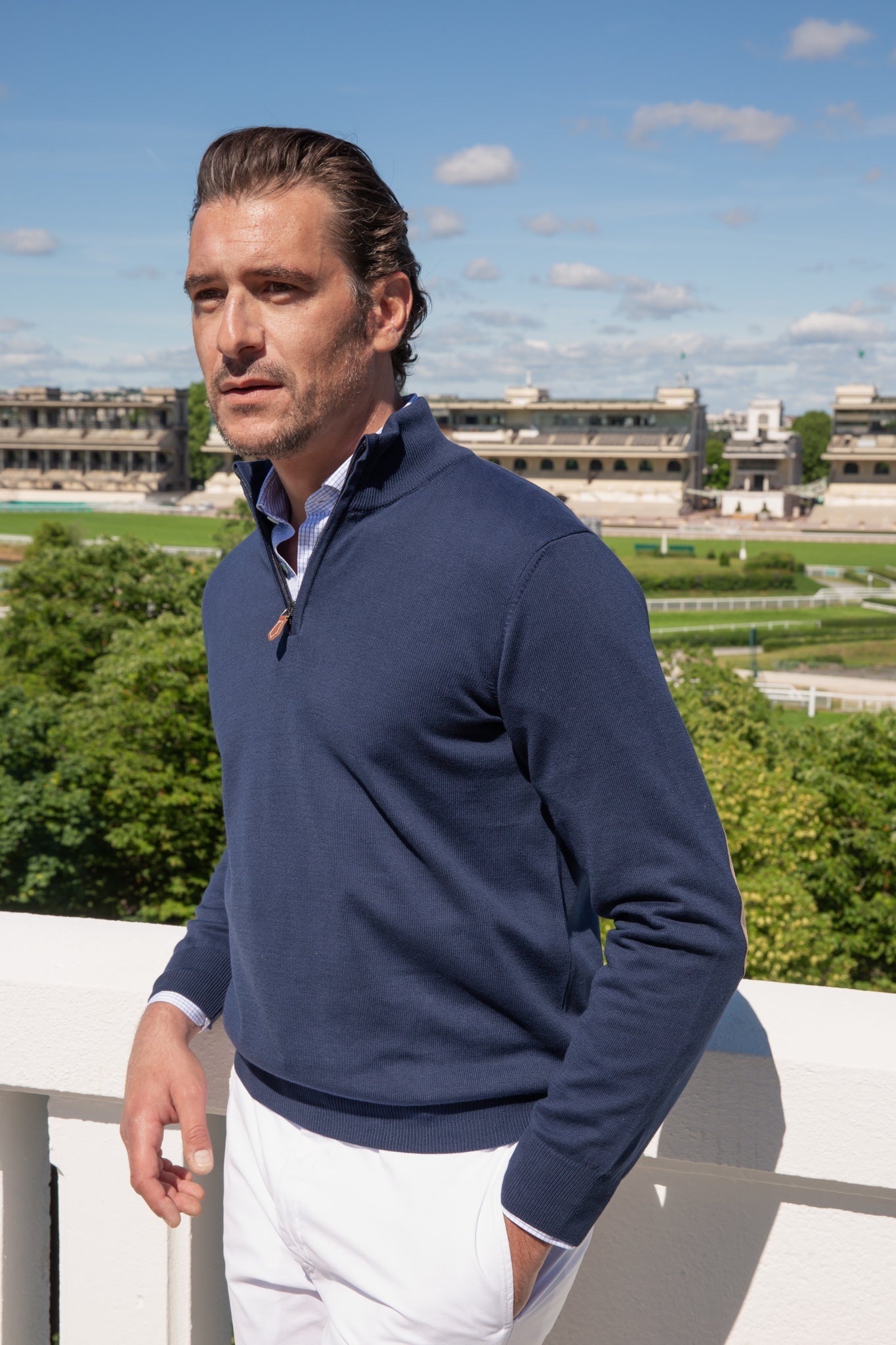 Pull John col zippé en coton avec coudières - marine-PULL HOMME-Curling-Paris