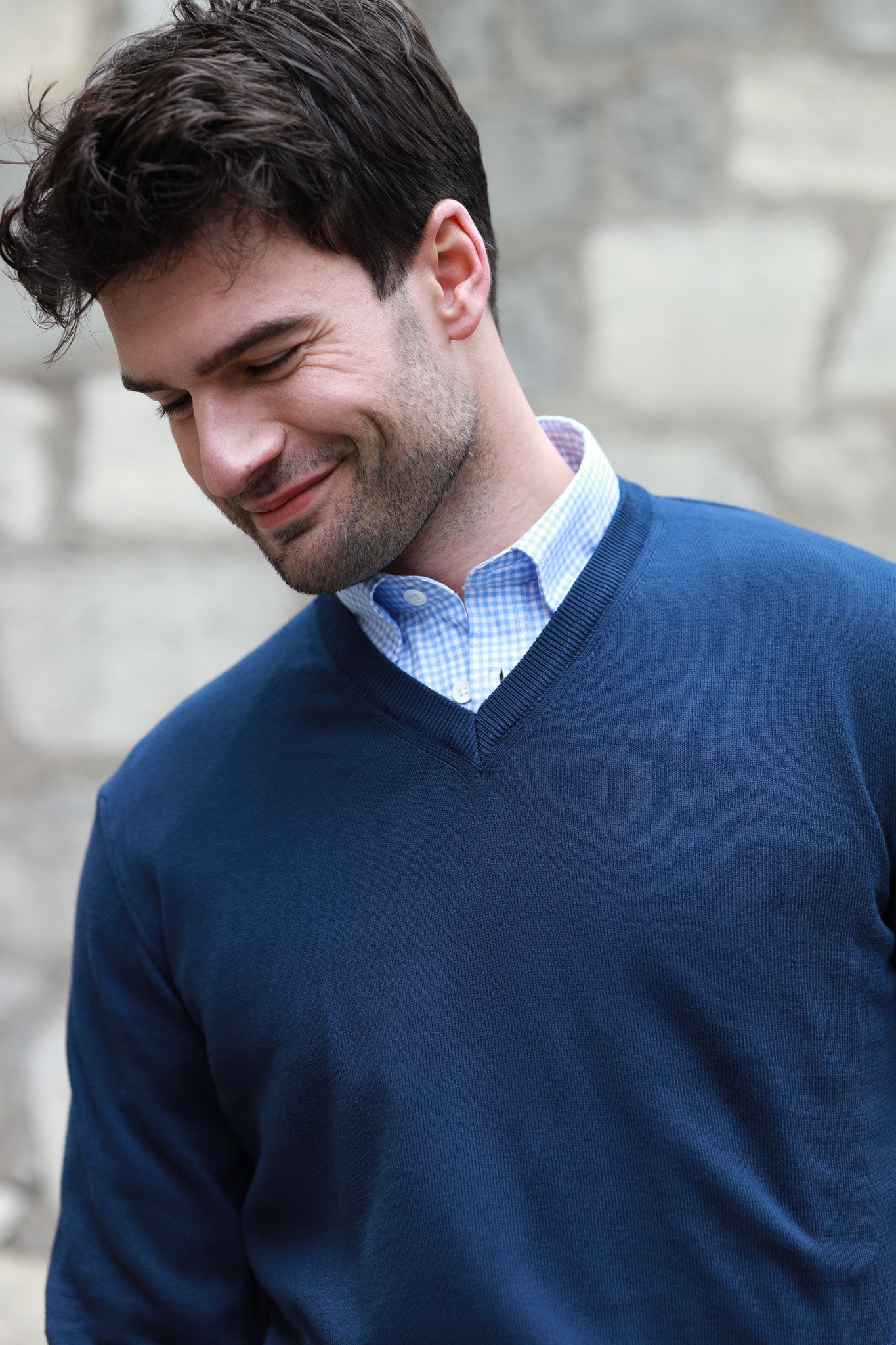 Pull Nico col v en coton avec coudières - Marine-PULL HOMME-Curling-Paris