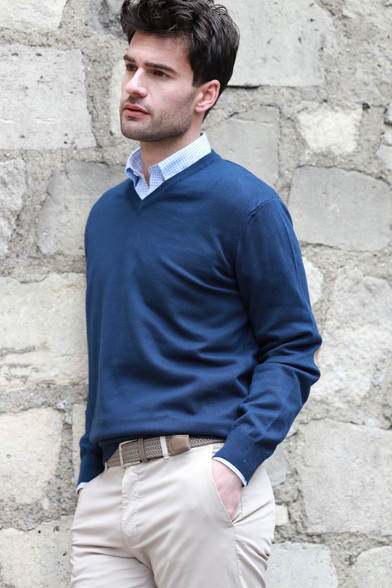 Pull Nico col v en coton avec coudières - Marine-PULL HOMME-Curling-Paris