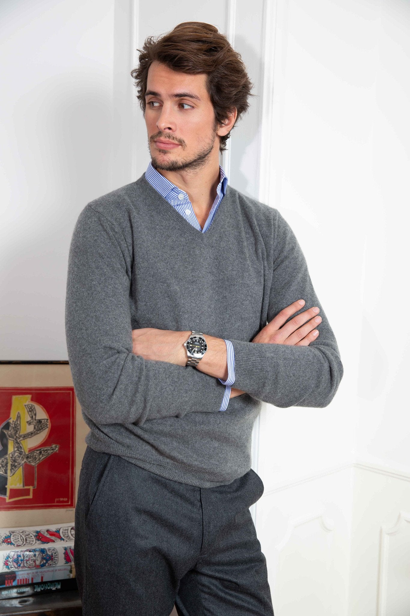 Pull col v en cachemire - Gris-PULL HOMME-Curling-Paris