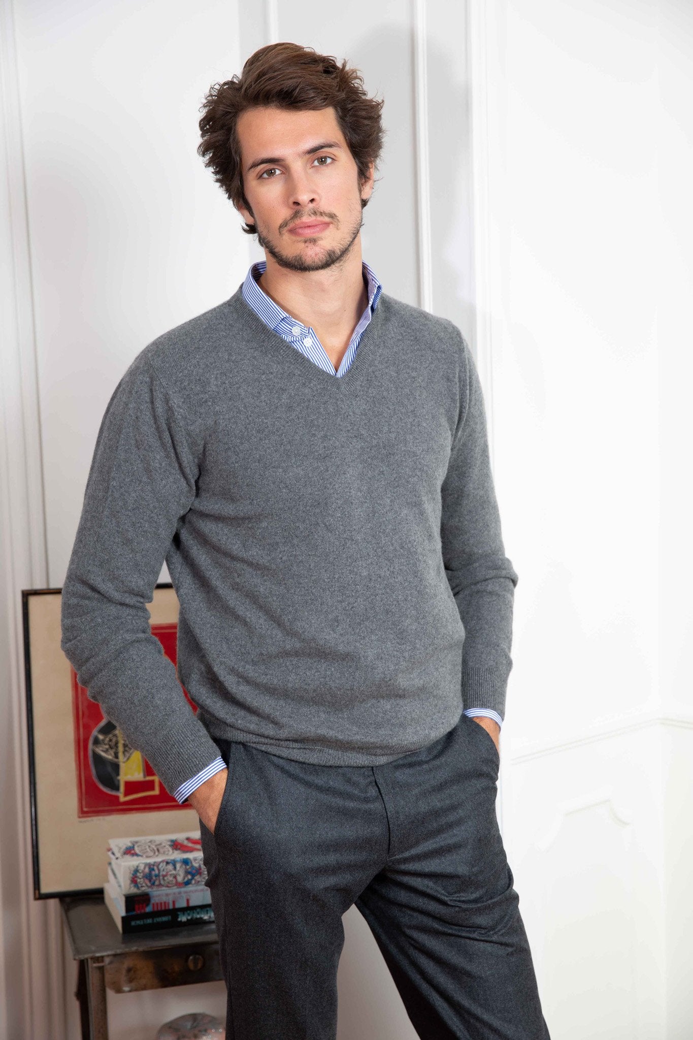 Pull col v en cachemire - Gris-PULL HOMME-Curling-Paris