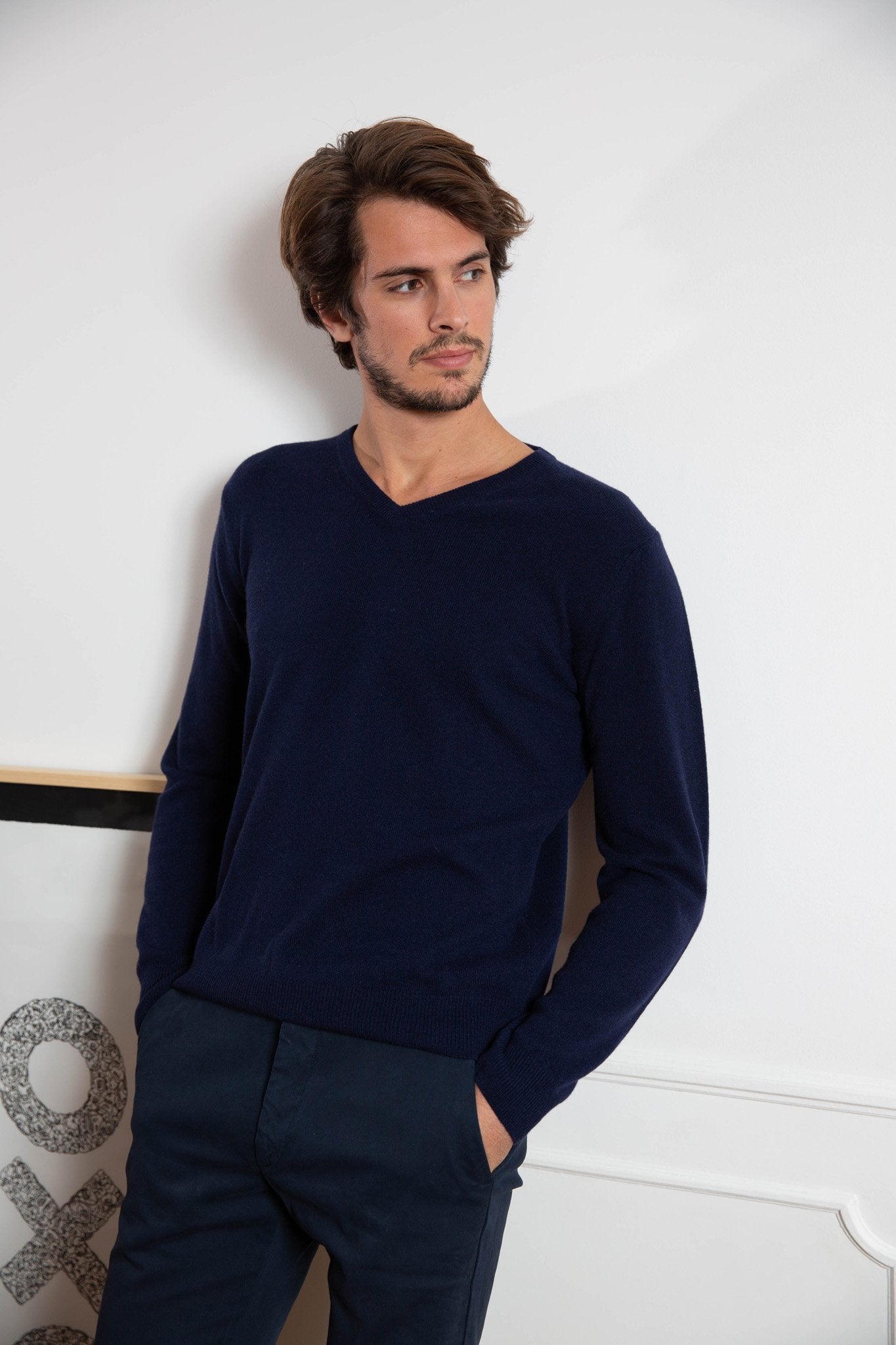 Pull col v en cachemire - Marine-PULL HOMME-Curling-Paris