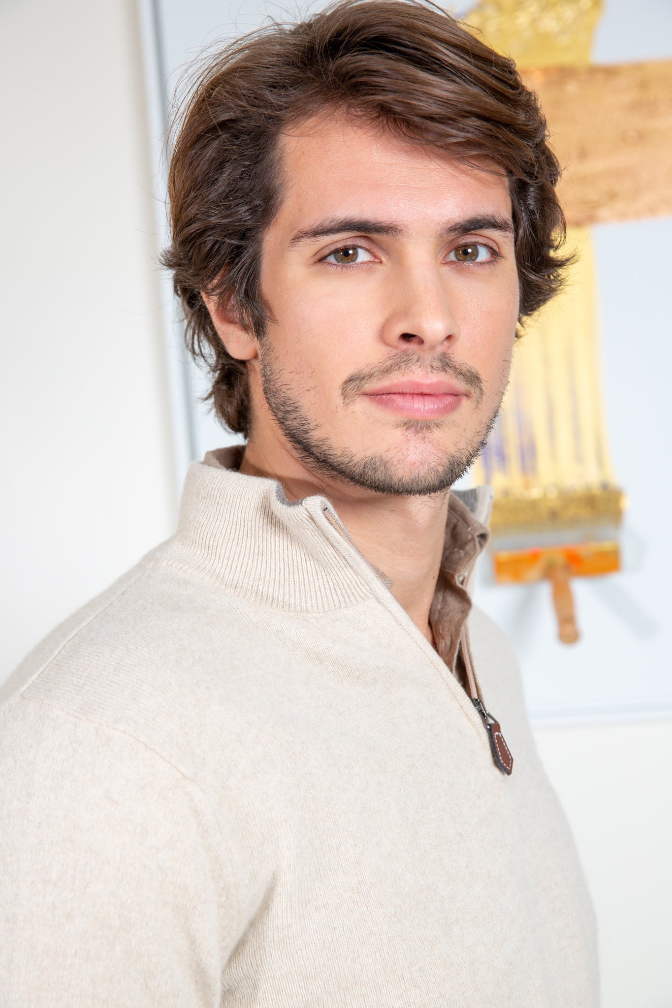 Pull col zippé Amar en cachemire - Beige-PULL HOMME-Curling-Paris