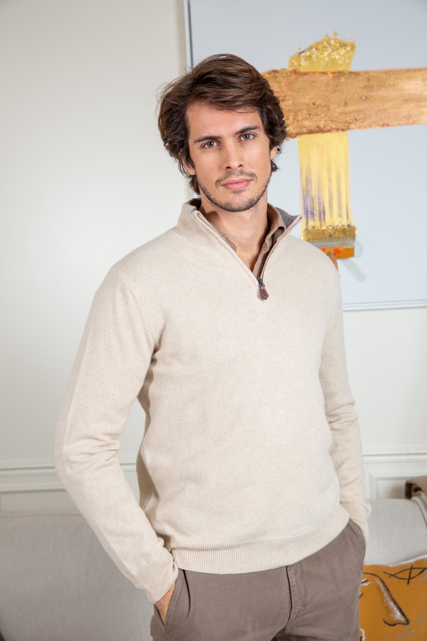 Pull col zippé Amar en cachemire - Beige-PULL HOMME-Curling-Paris