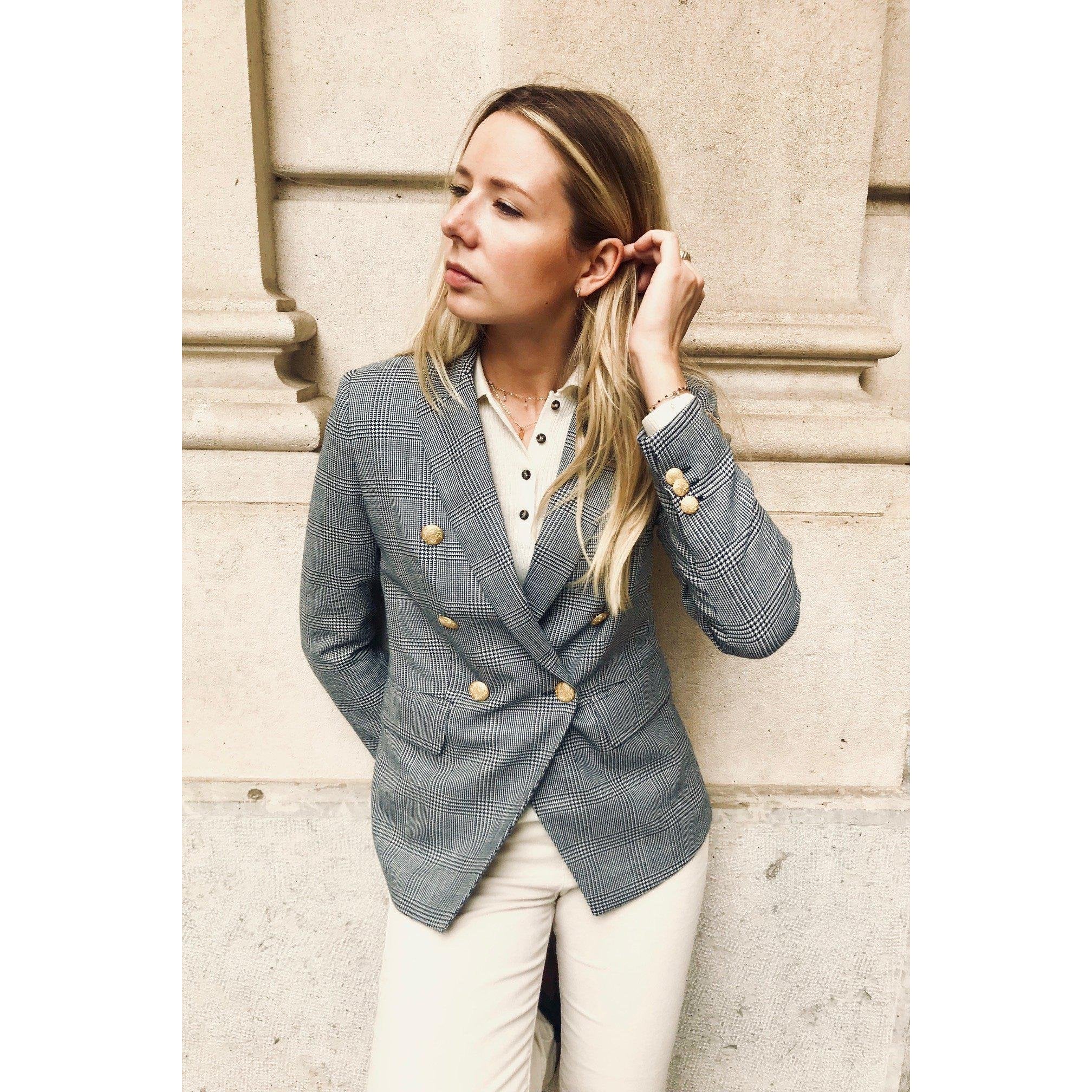 Vest Brigitte en laine - Prince de galles bleu-VESTE BLAZER FEMME-Curling-Paris