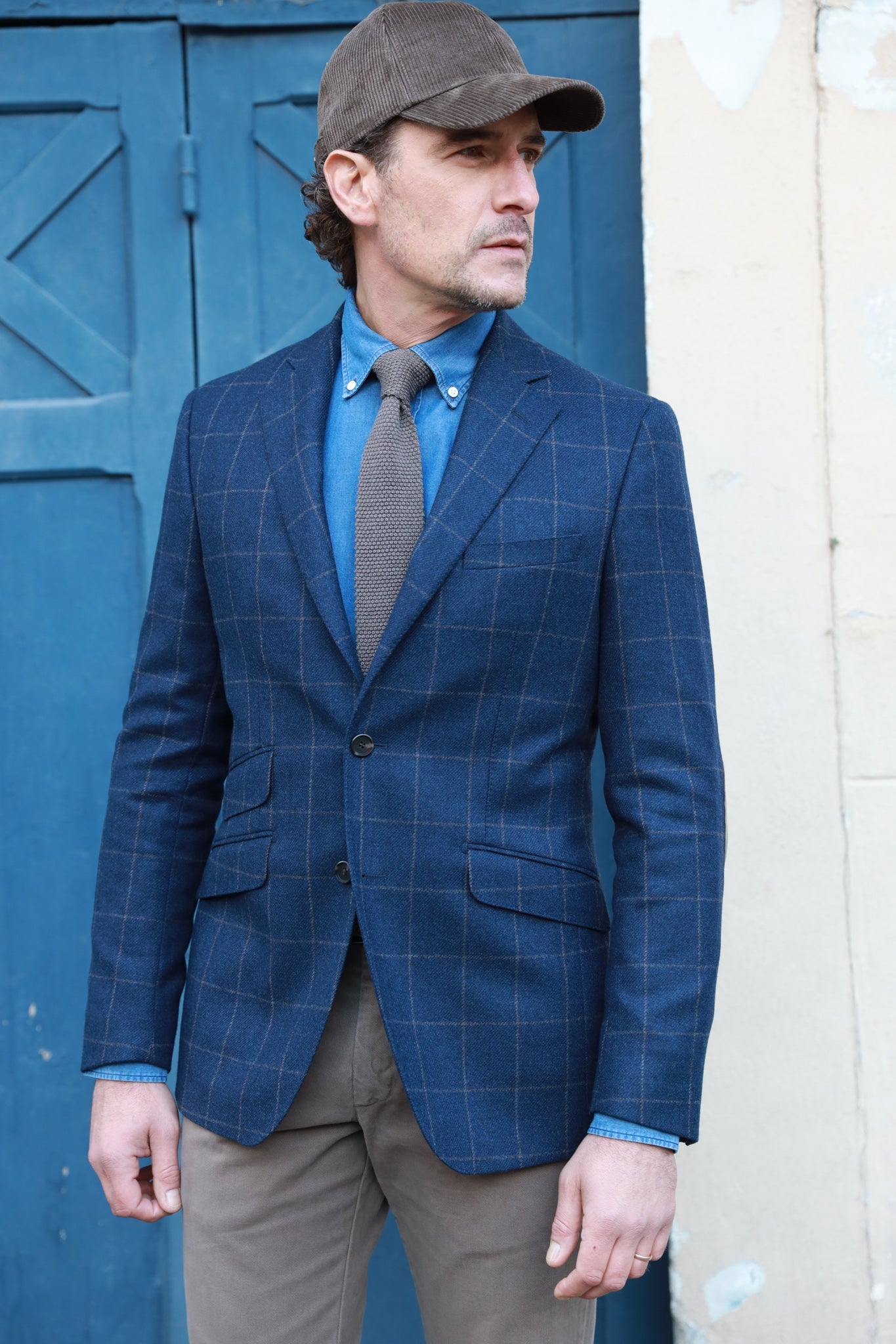 Veste Goal pure laine avec coudières - Carreaux Bleu-VESTE BLAZER HOMME-Curling-Paris