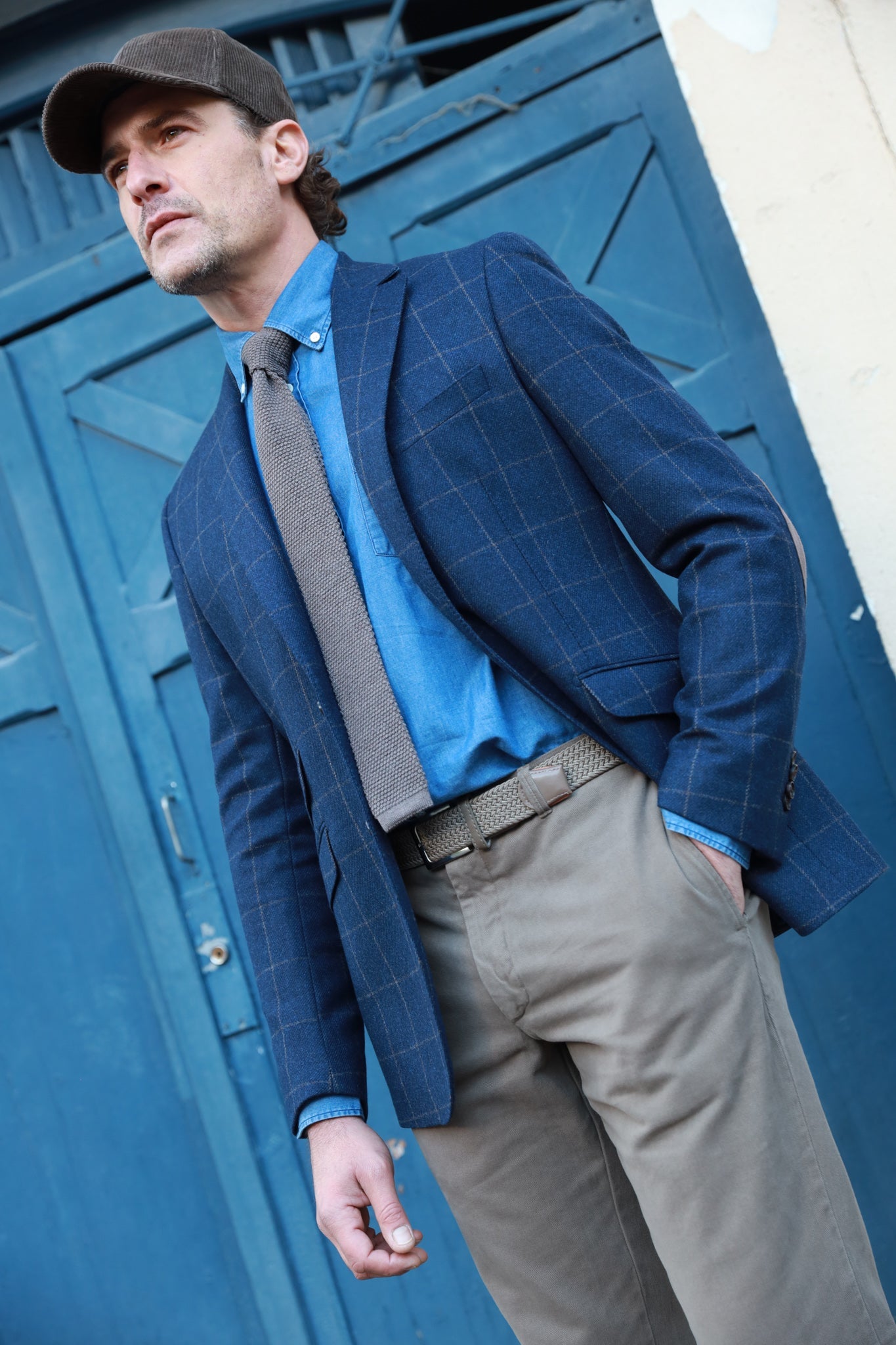 Veste homme casual chic en laine bleu ?� carreaux taupe - Curling Paris