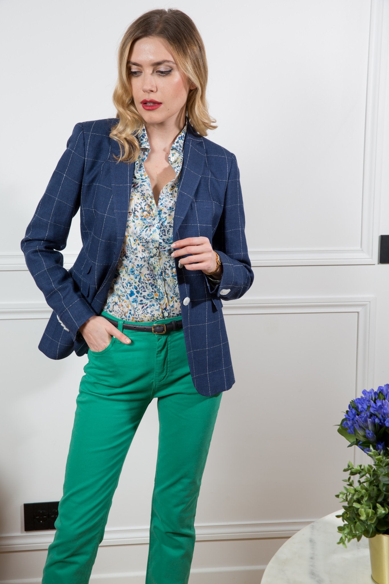 Veste Vesnove en laine & lin marine à carreaux-VESTE BLAZER FEMME-Curling-Paris