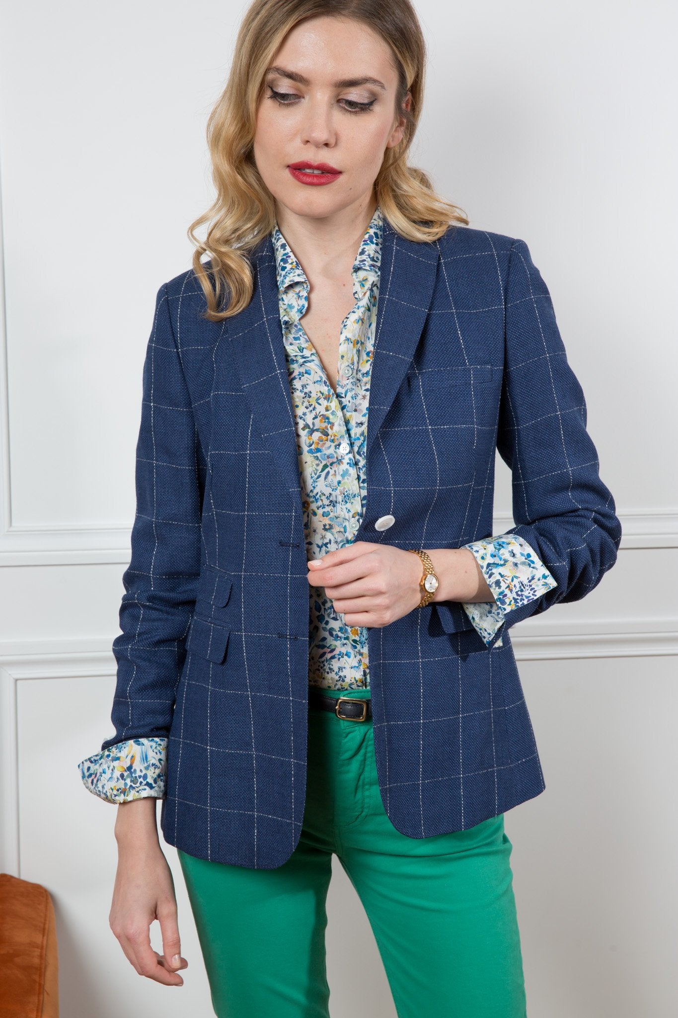Veste Vesnove en laine & lin marine à carreaux-VESTE BLAZER FEMME-Curling-Paris
