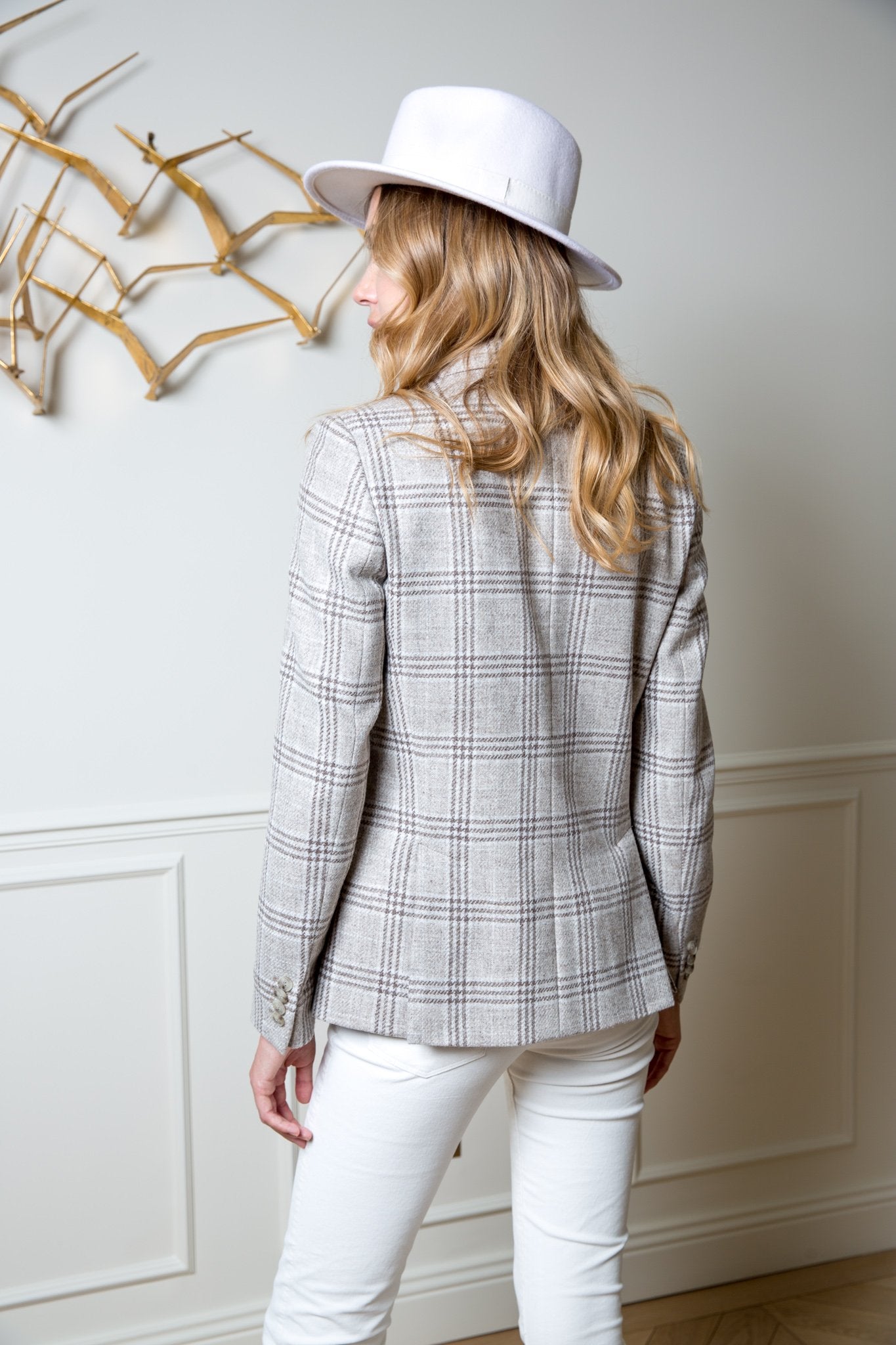 Veste Victoire en laine vierge - Beige à carreaux-VESTE BLAZER FEMME-Curling-Paris