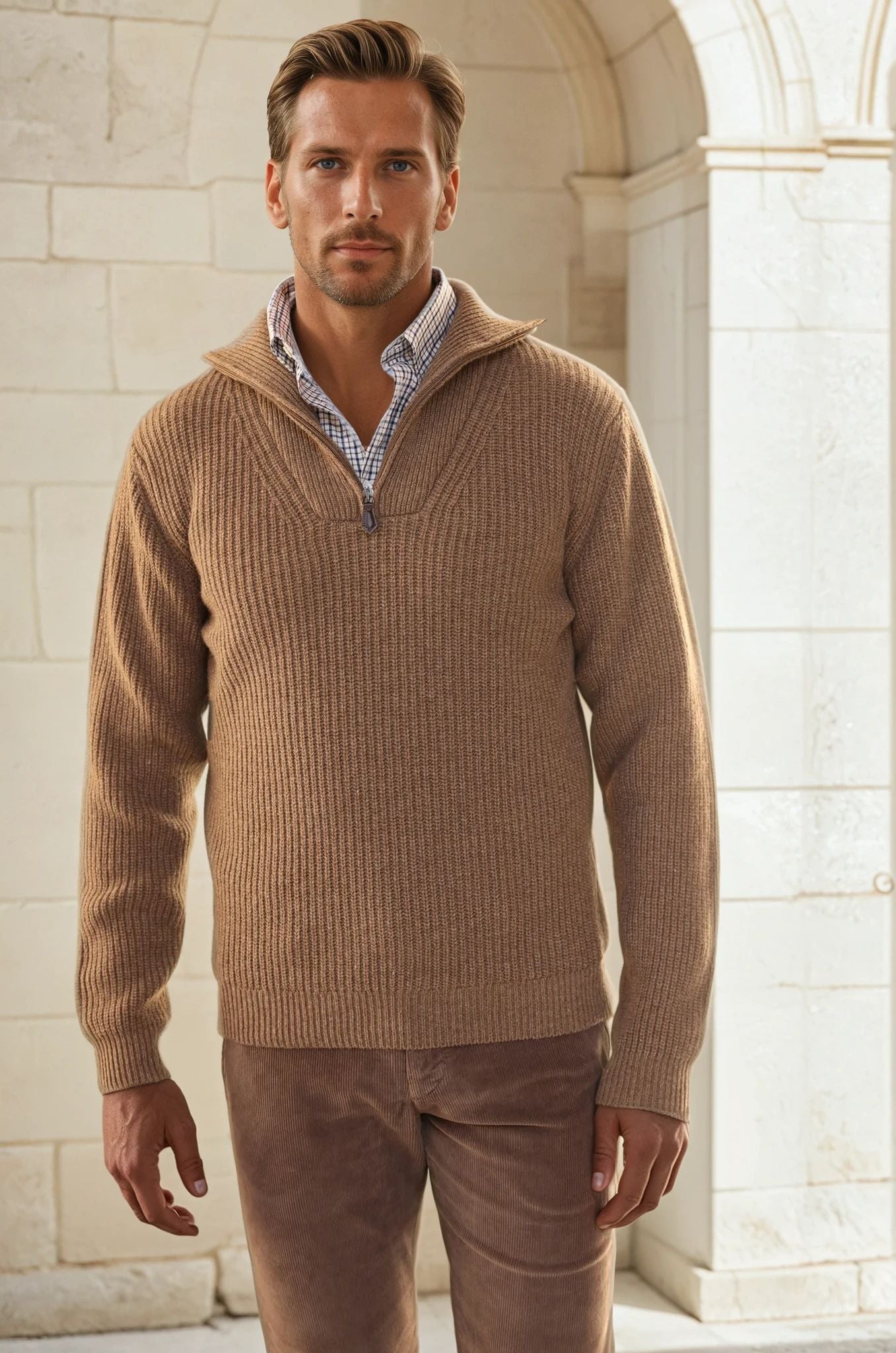 Pull Alonzo col zippé 100% laine - Marron Glacé