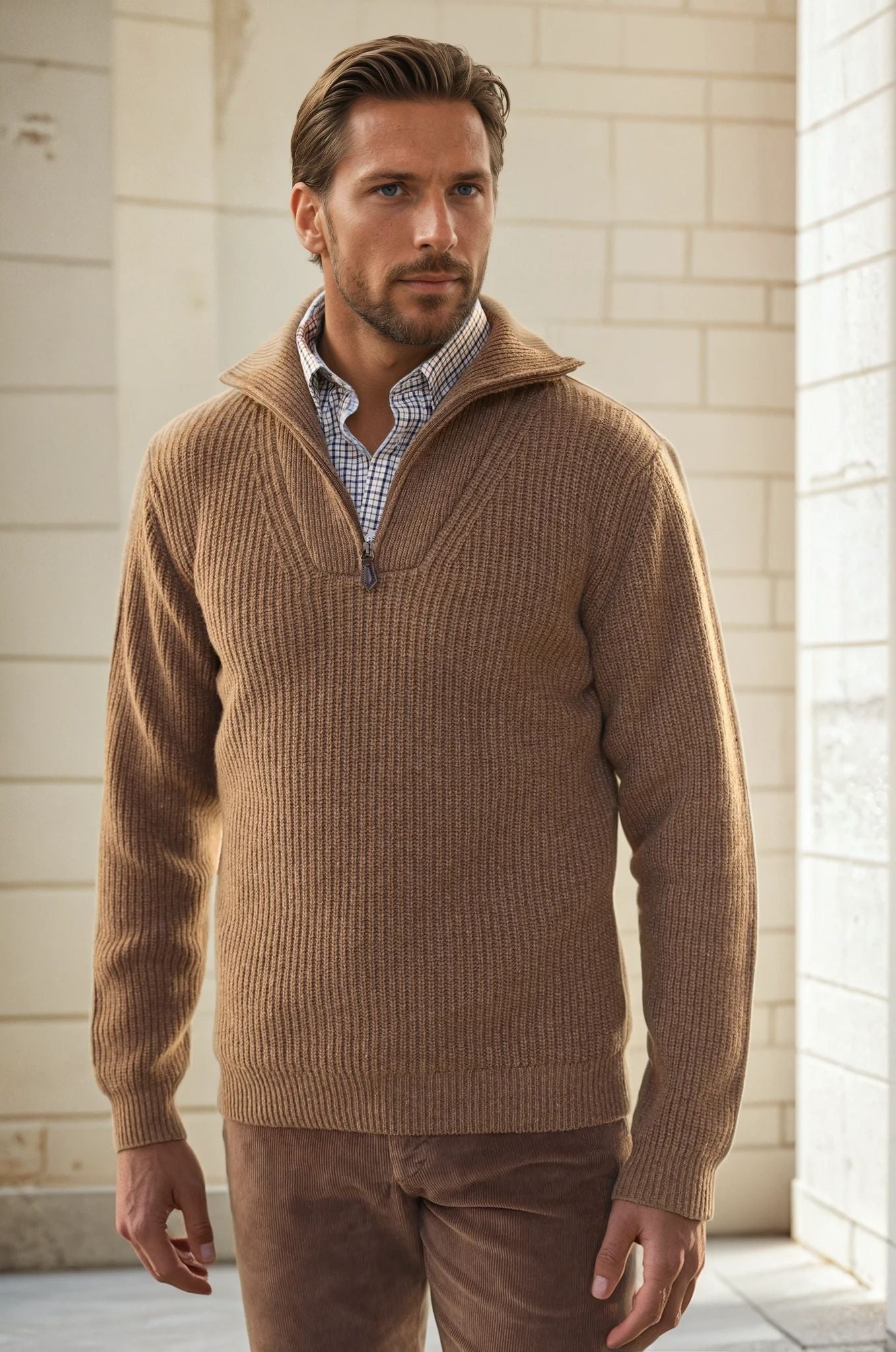 Pull Alonzo col zippé 100% laine - Marron Glacé