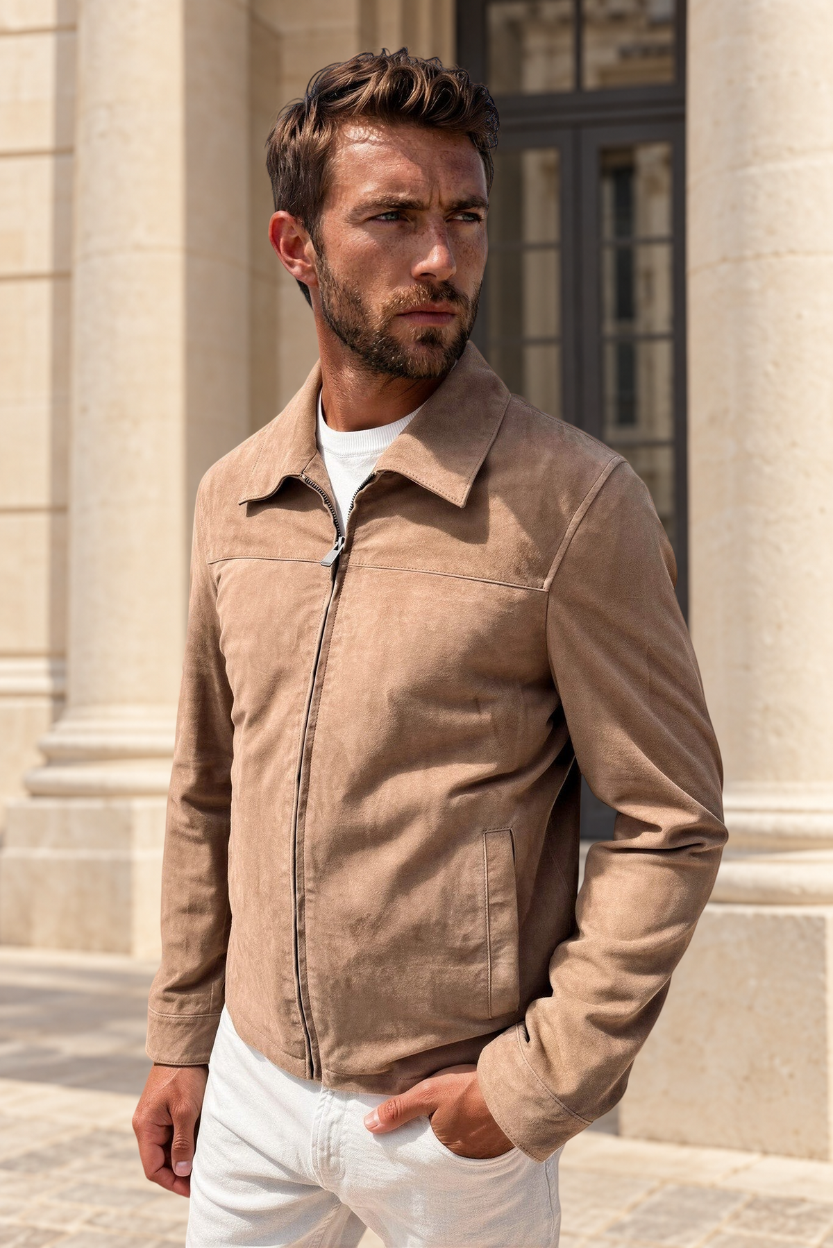 Blouson Victor en chèvre velours - Taupe-MANTEAU HOMME-Curling-Paris