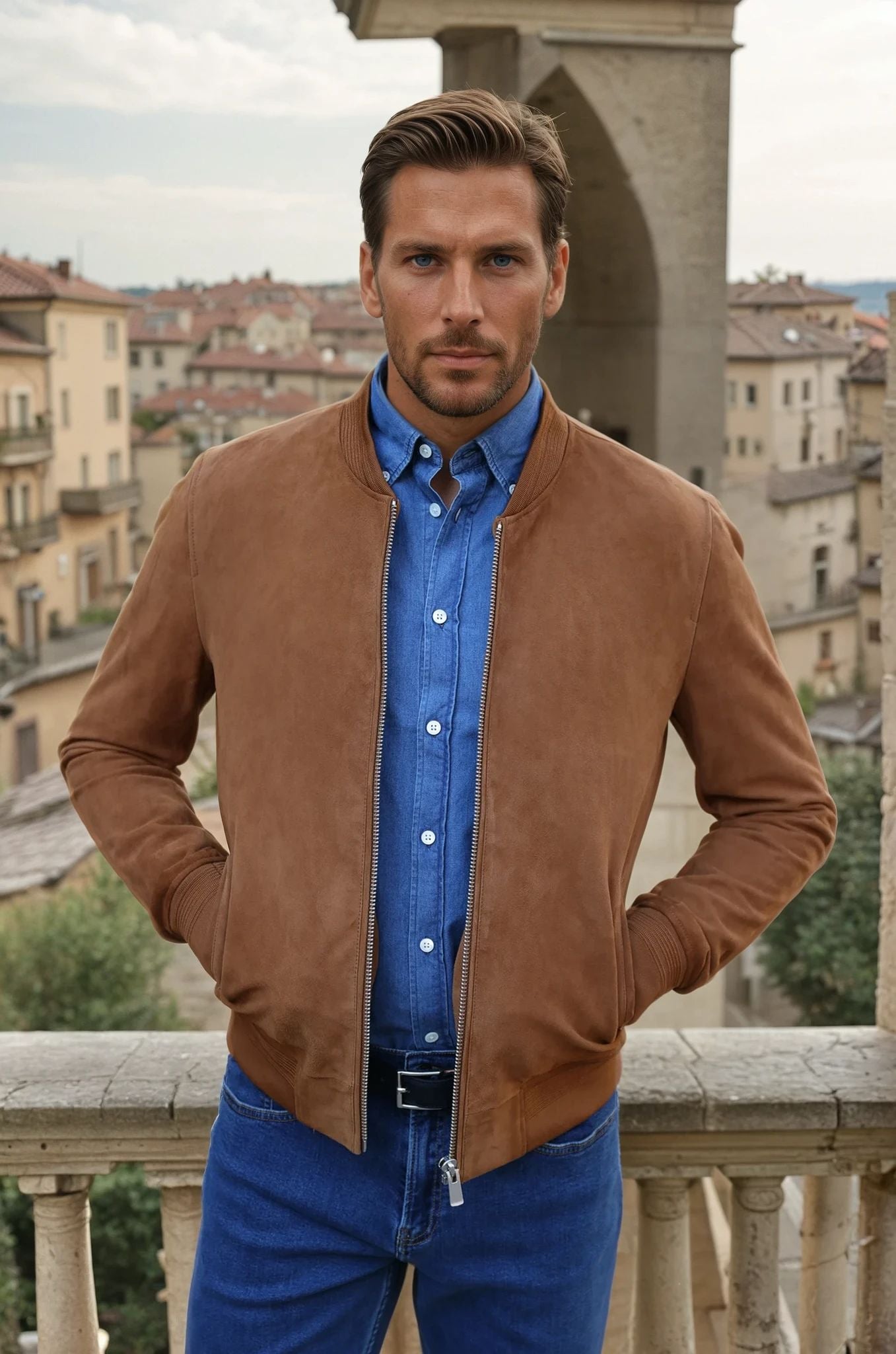 Blouson en peau Max chèvre velours - Cognac-MANTEAU HOMME-Curling-Paris