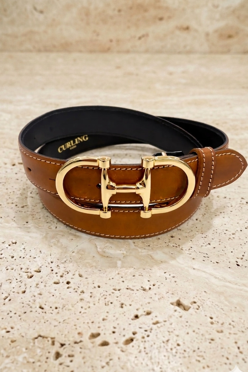 Ceinture Ambre en cuir lisse - Cognac-CEINTURE FEMME-Curling-Paris