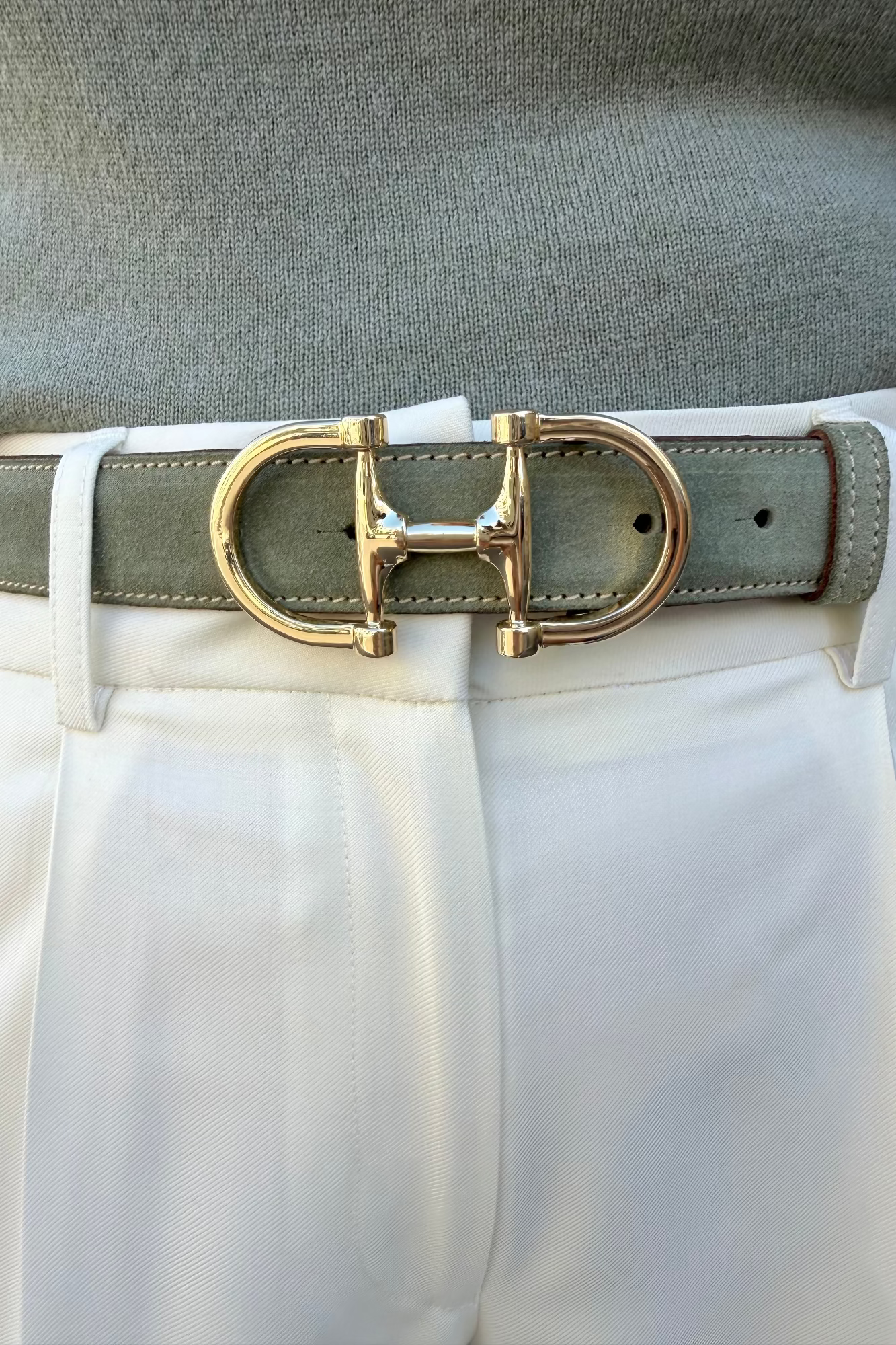 Ceinture Ambre en veau velours - Sauge-CEINTURE FEMME-Curling-Paris