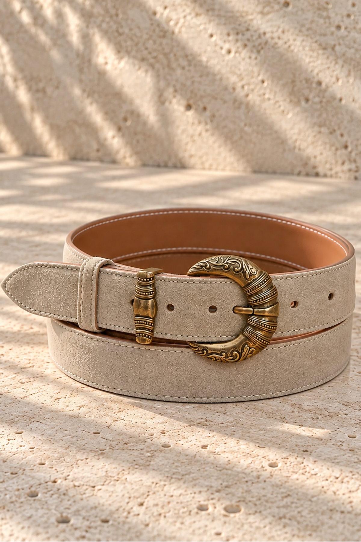 Ceinture Western boucle gravée en veau velours - Capuccino-CEINTURE FEMME-Curling-Paris