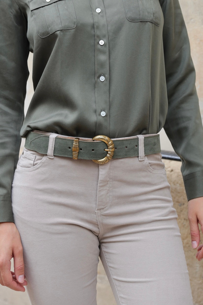Ceinture Western boucle gravée en veau velours - Kaki-CEINTURE FEMME-Curling-Paris