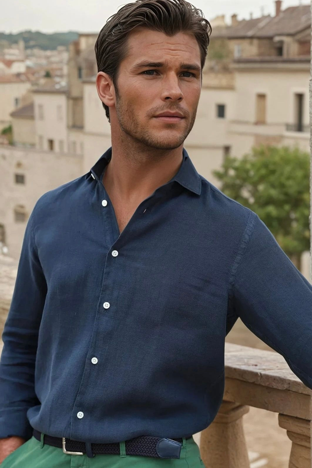 Chemise Calvin col italien en lin - Marine-CHEMISE HOMME-Curling-Paris