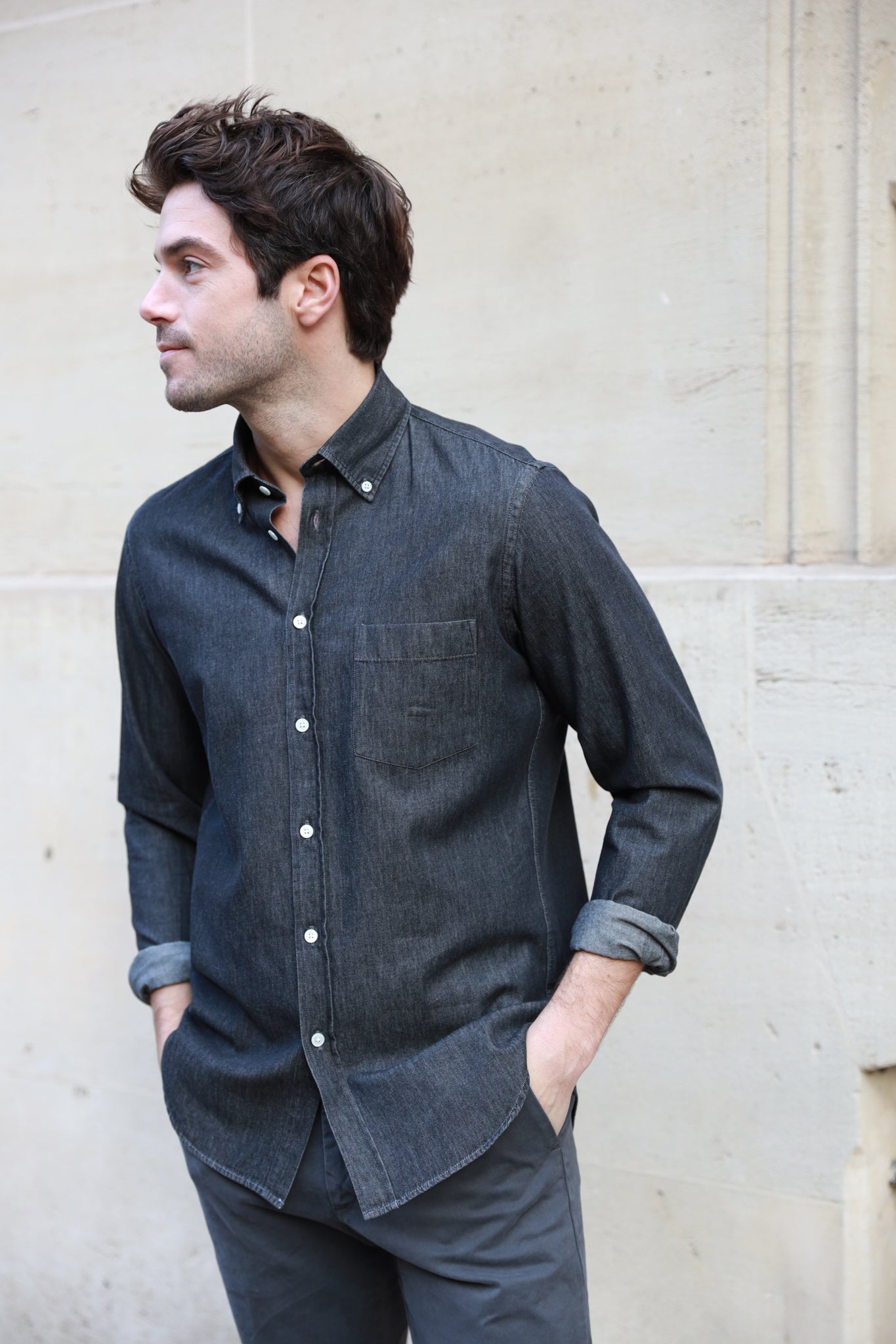 Chemise Clovis à col boutonné en denim - Gris-CHEMISE HOMME-Curling-Paris