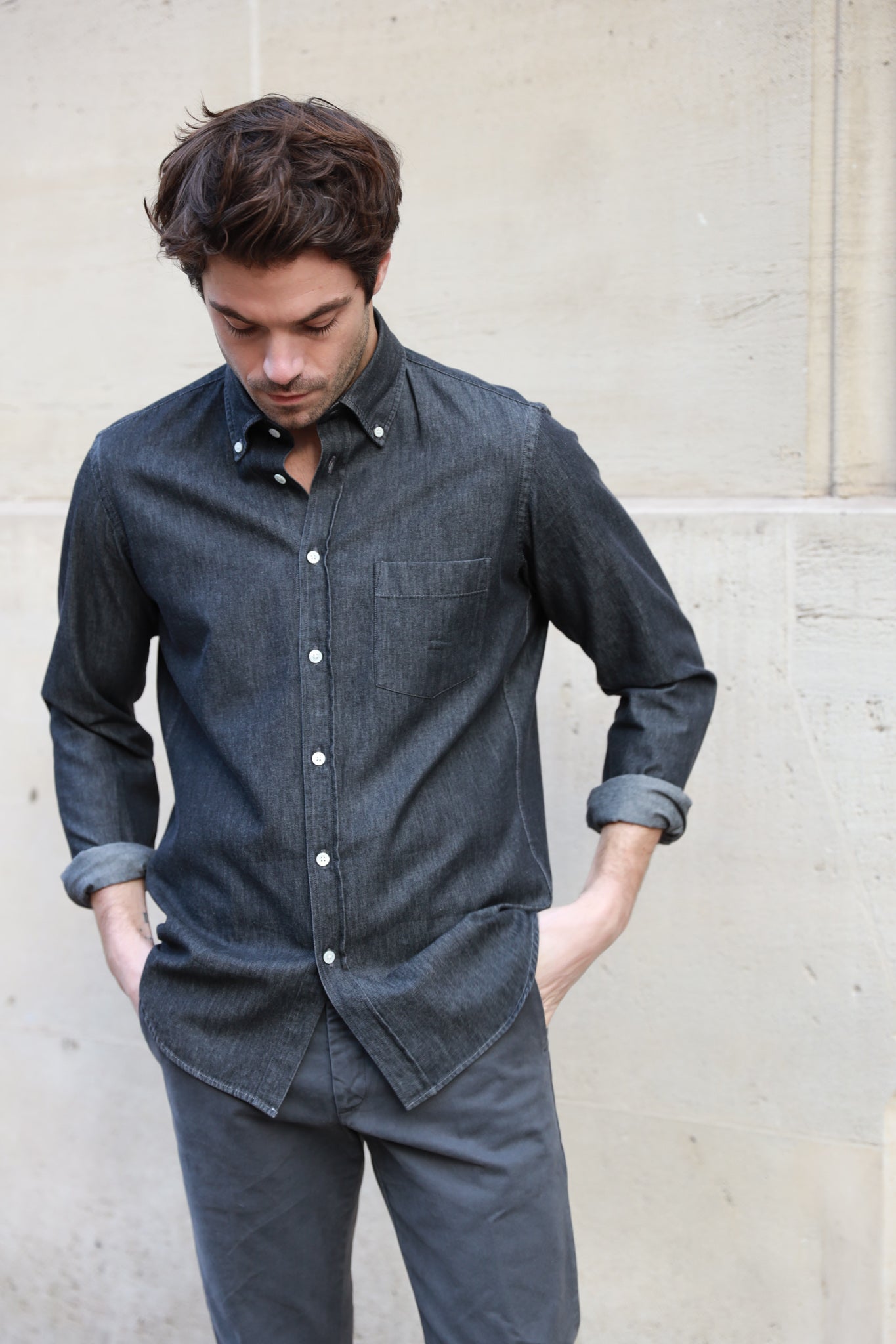 Chemise Clovis à col boutonné en denim - Gris-CHEMISE HOMME-Curling-Paris