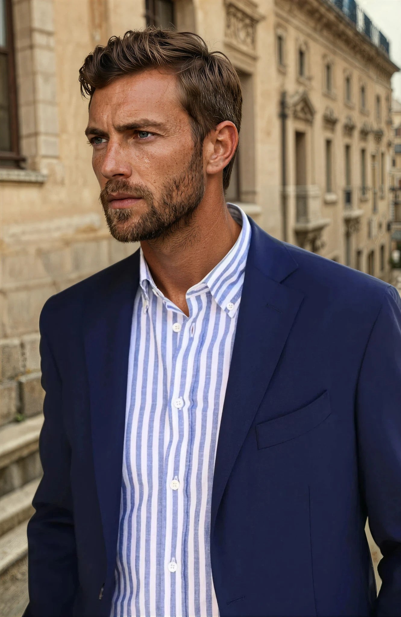 Chemise Clovis à rayure bâton en coton & lin - Bleu-CHEMISE HOMME-Curling-Paris