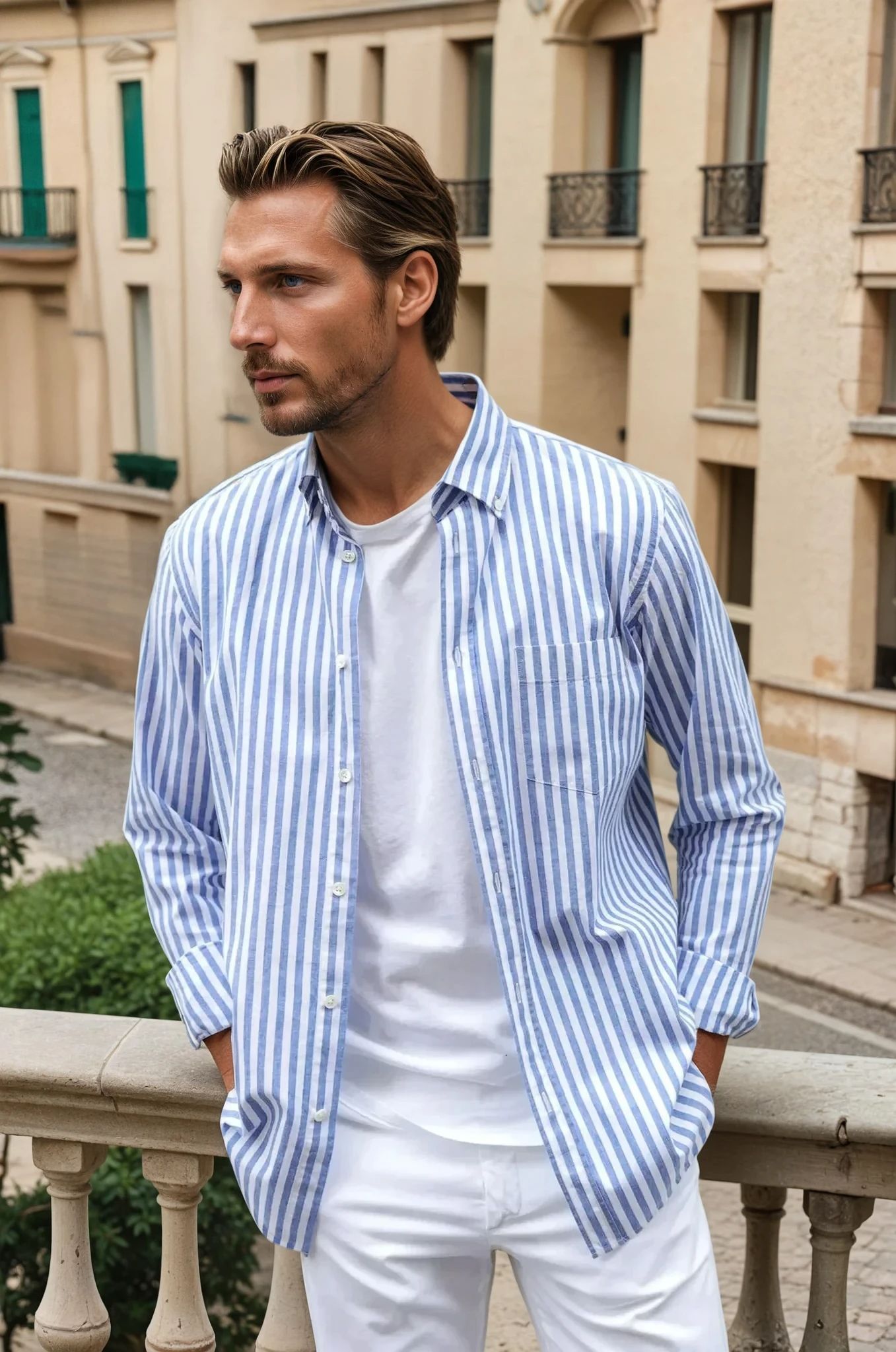 Chemise Clovis à rayure bâton en coton & lin - Bleu