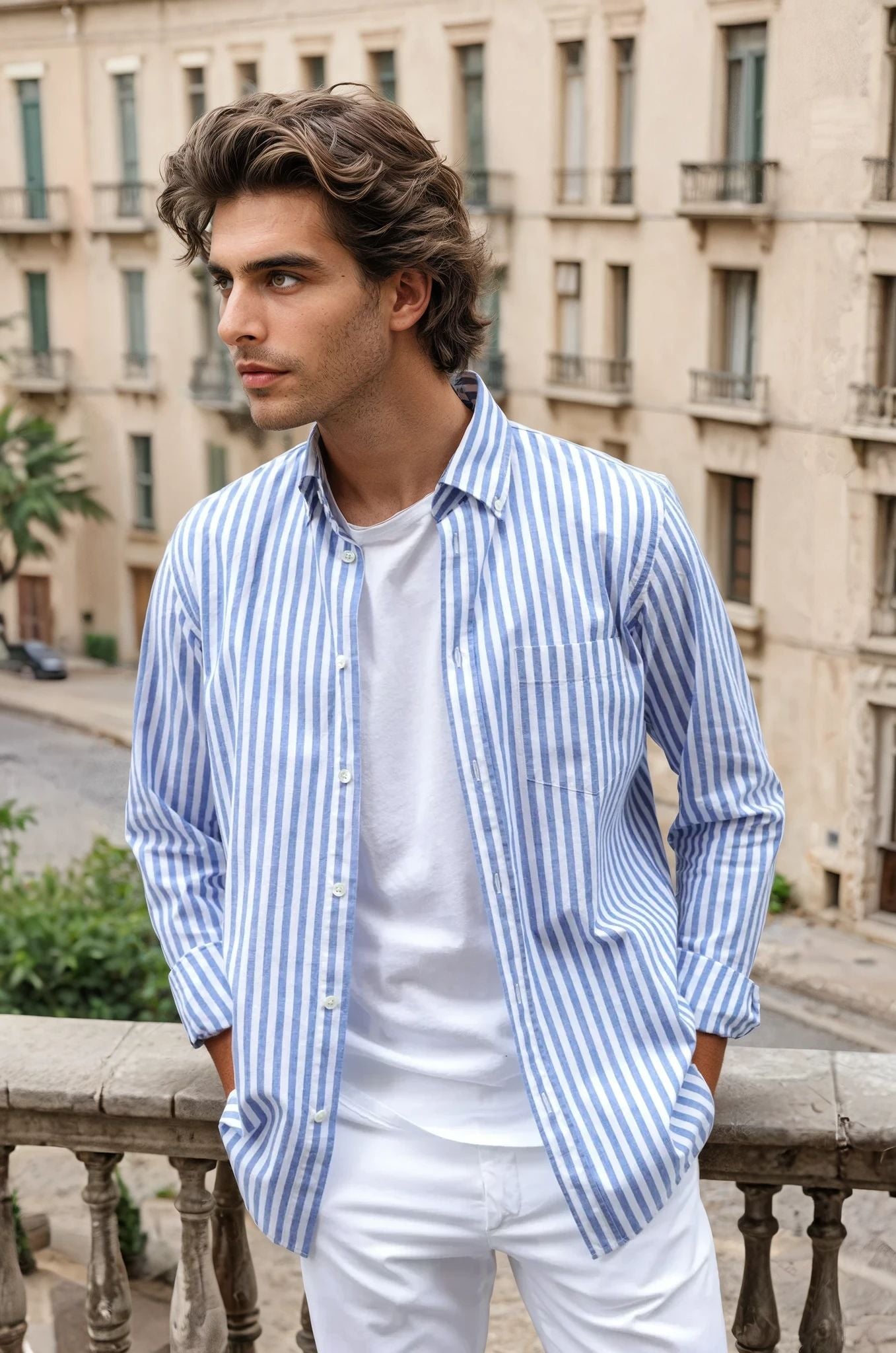 Chemise Clovis à rayure bâton en coton & lin - Bleu-CHEMISE HOMME-Curling-Paris