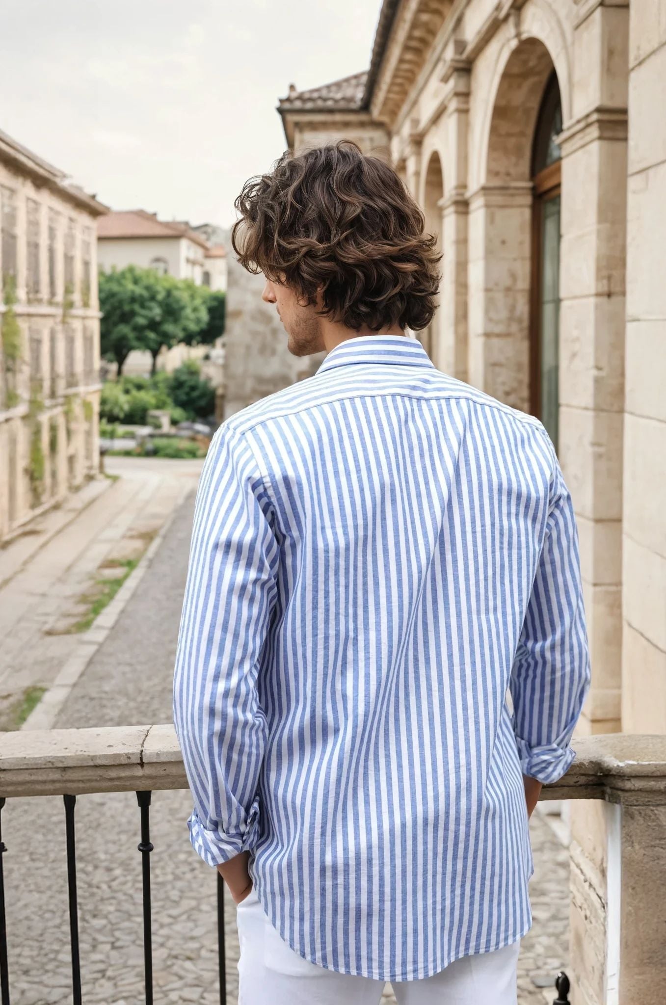 Chemise Clovis à rayure bâton en coton & lin - Bleu-CHEMISE HOMME-Curling-Paris