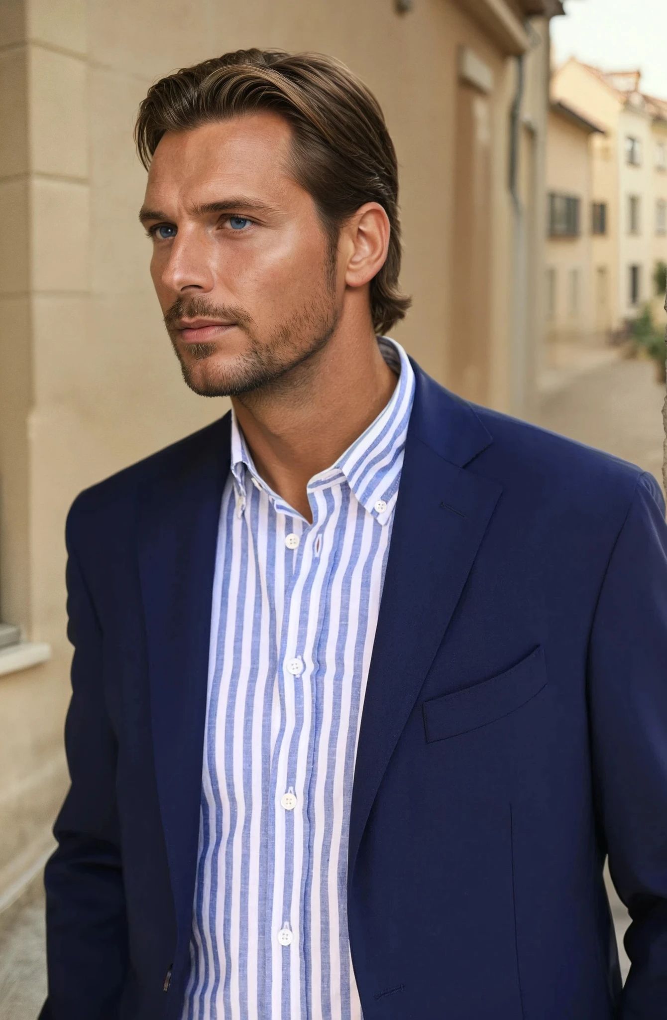 Chemise Clovis à rayure bâton en coton & lin - Bleu-CHEMISE HOMME-Curling-Paris