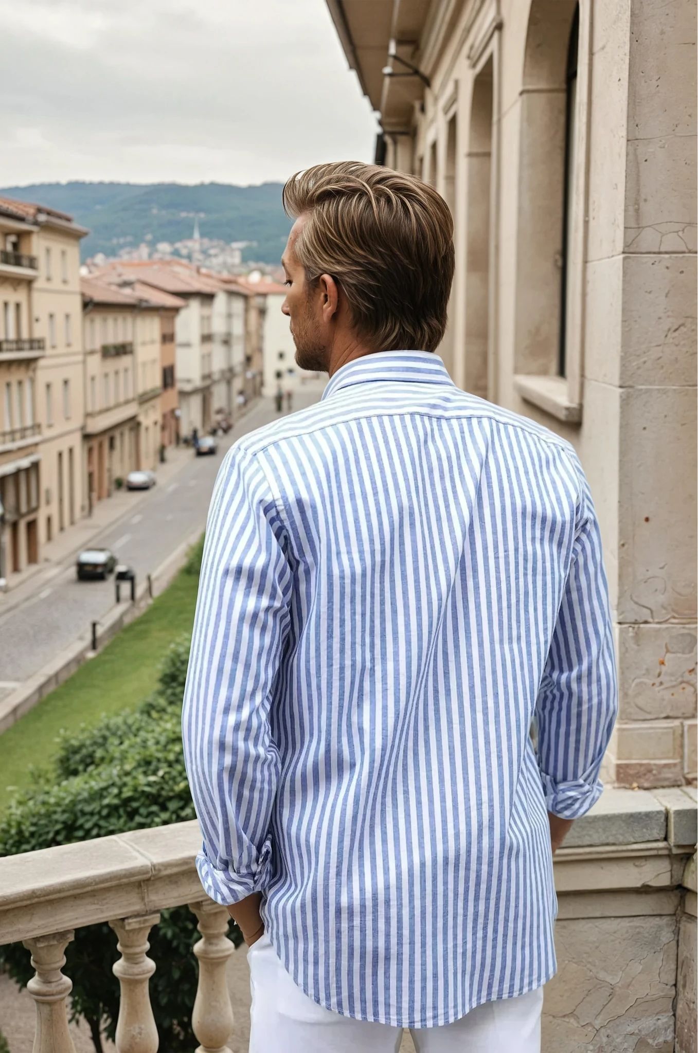 Chemise Clovis à rayure bâton en coton & lin - Bleu-CHEMISE HOMME-Curling-Paris