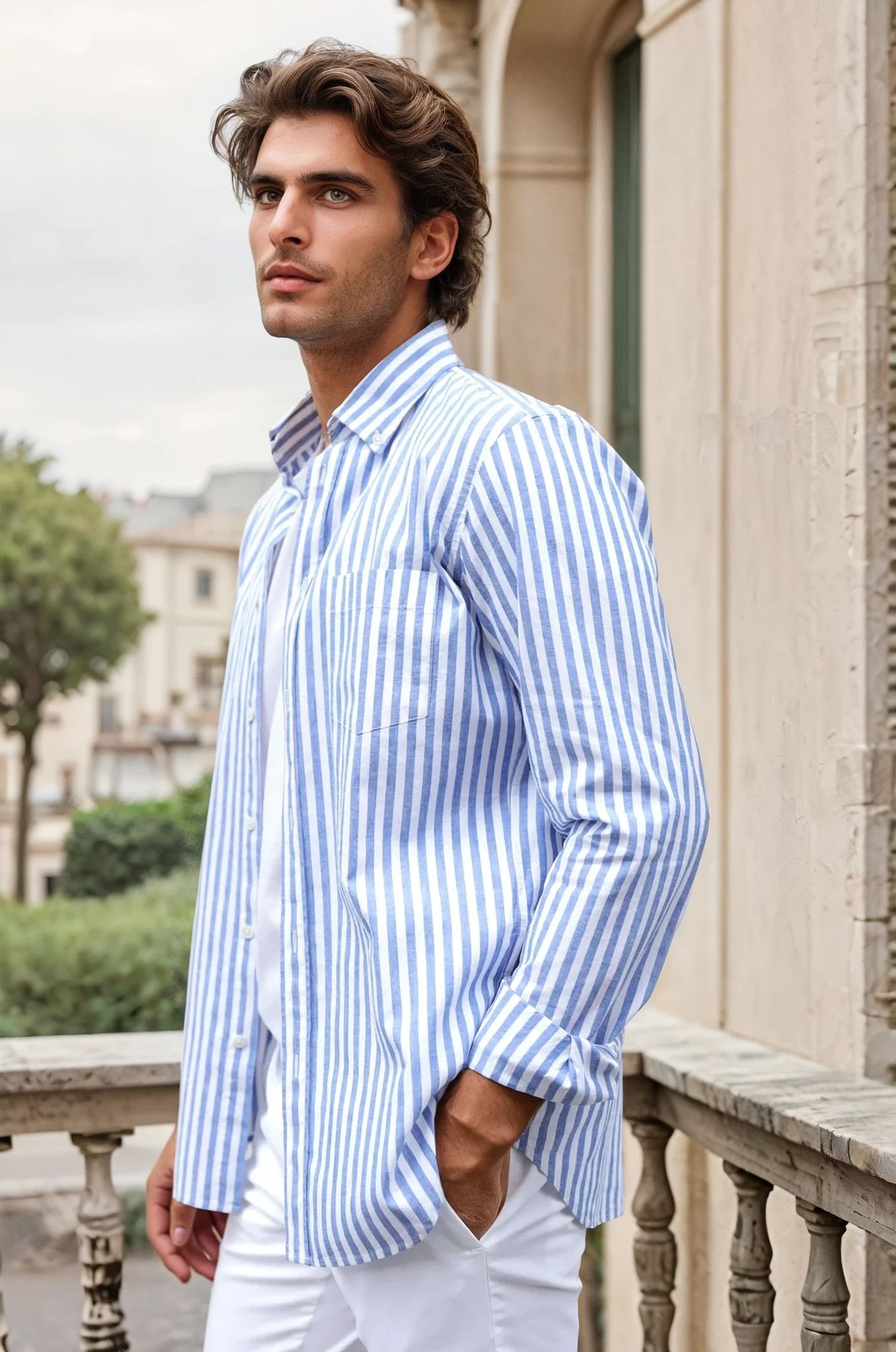 Chemise Clovis à rayure bâton en coton & lin - Bleu-CHEMISE HOMME-Curling-Paris