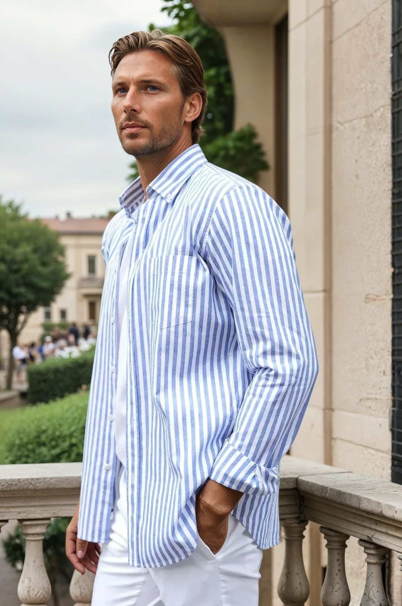 Chemise Clovis à rayure bâton en coton & lin - Bleu