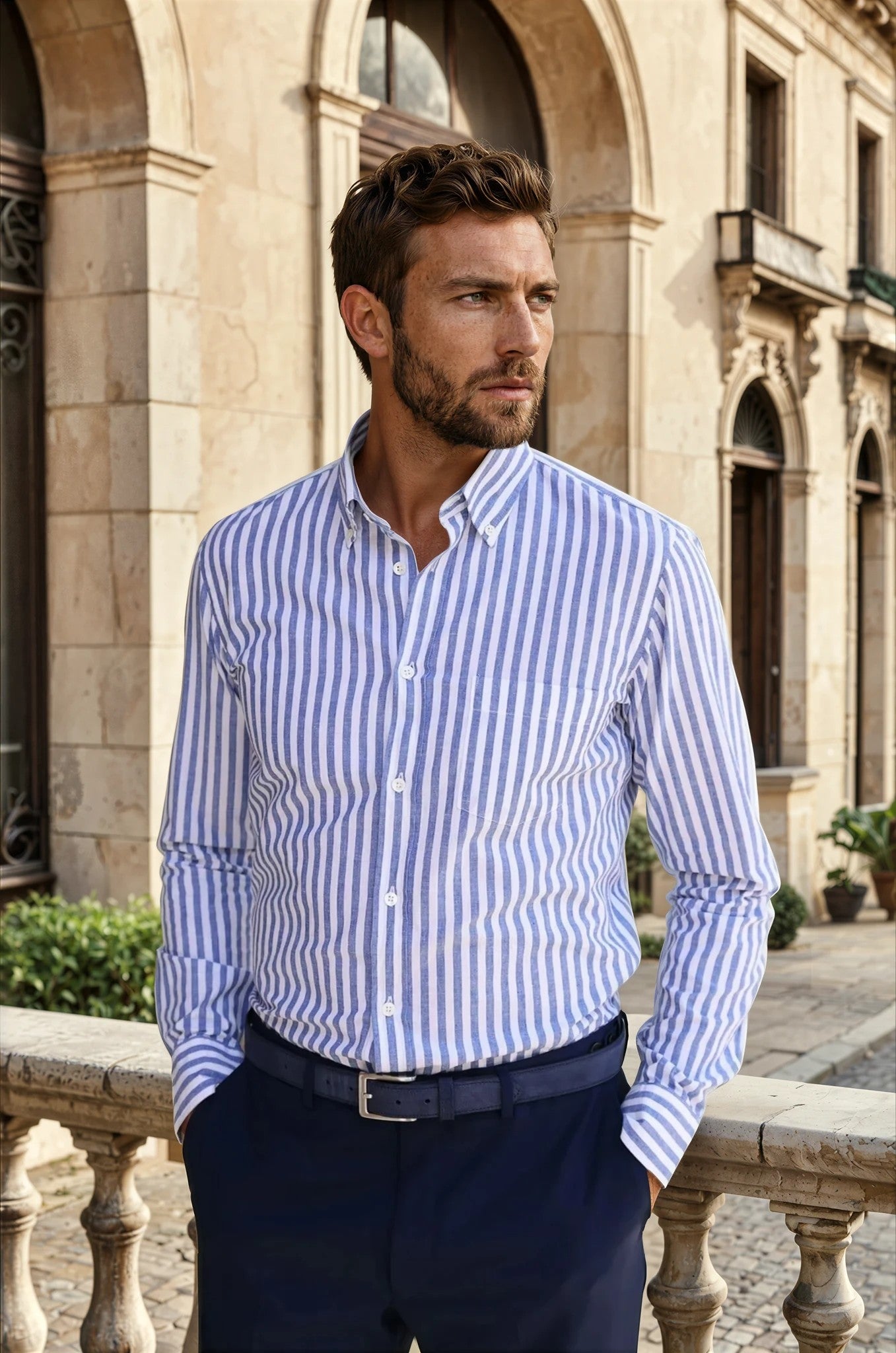Chemise Clovis à rayure bâton en coton & lin - Bleu