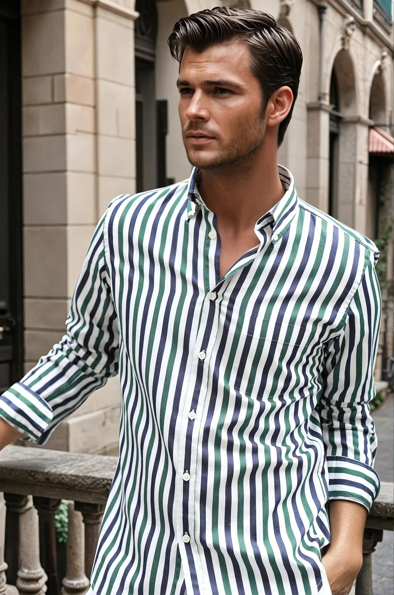 Chemise Clovis col boutonné à rayures - Marine et vert-CHEMISE HOMME-Curling-Paris