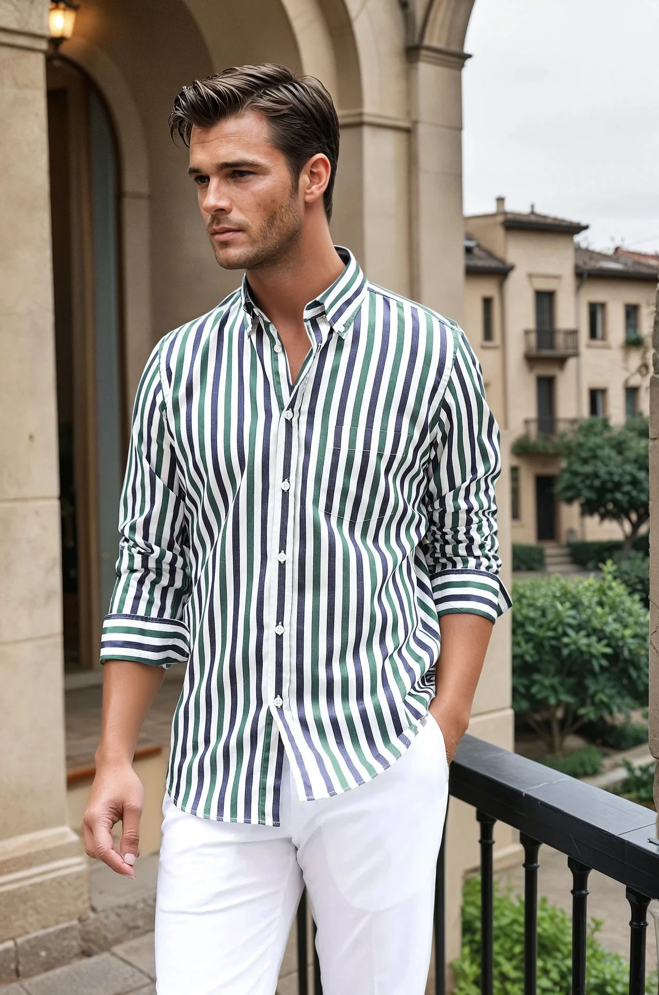Chemise Clovis col boutonné à rayures - Marine et vert-CHEMISE HOMME-Curling-Paris