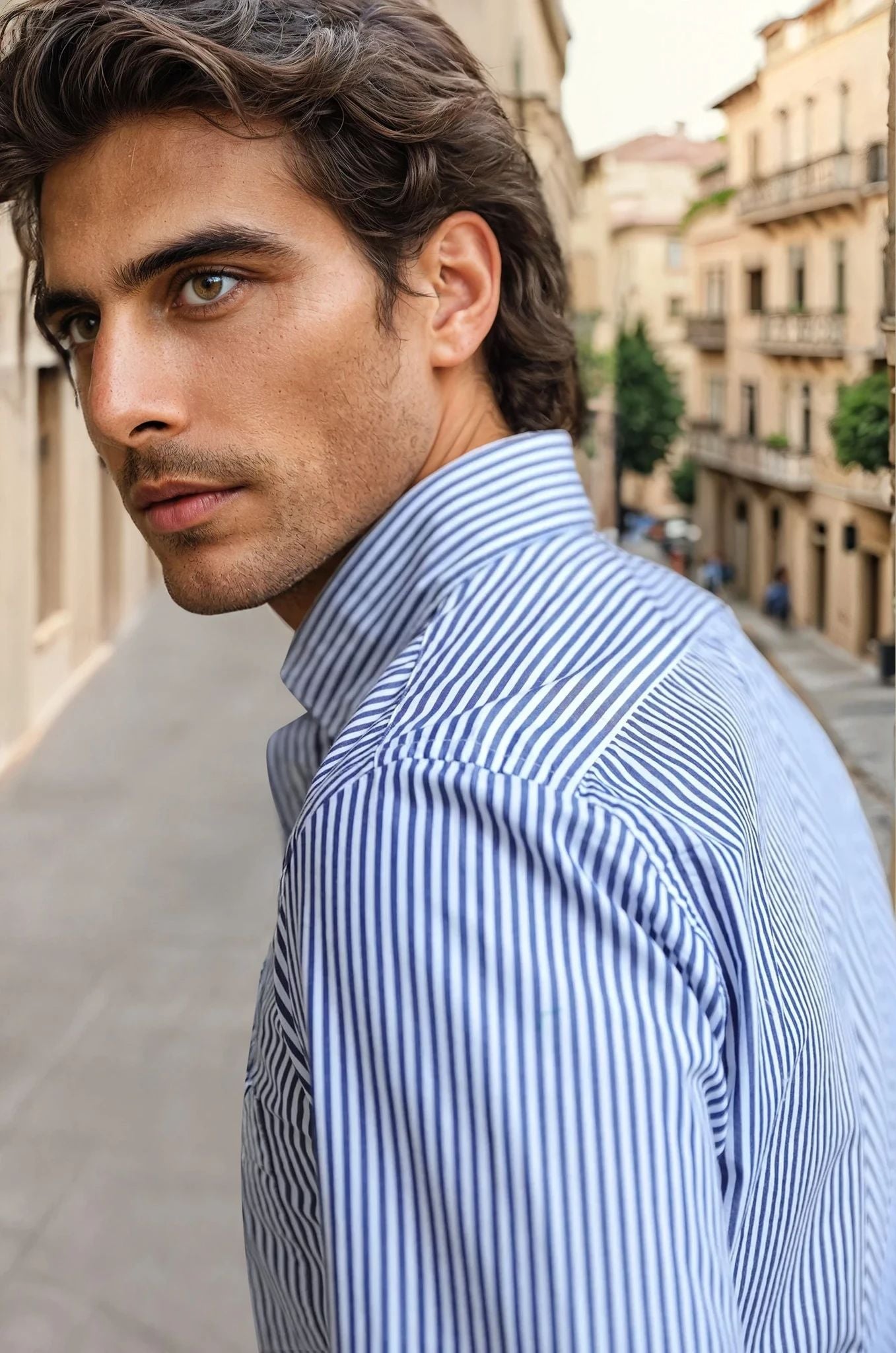 Chemise Clovis col boutonné à rayures bâton - Marine-CHEMISE HOMME-Curling-Paris