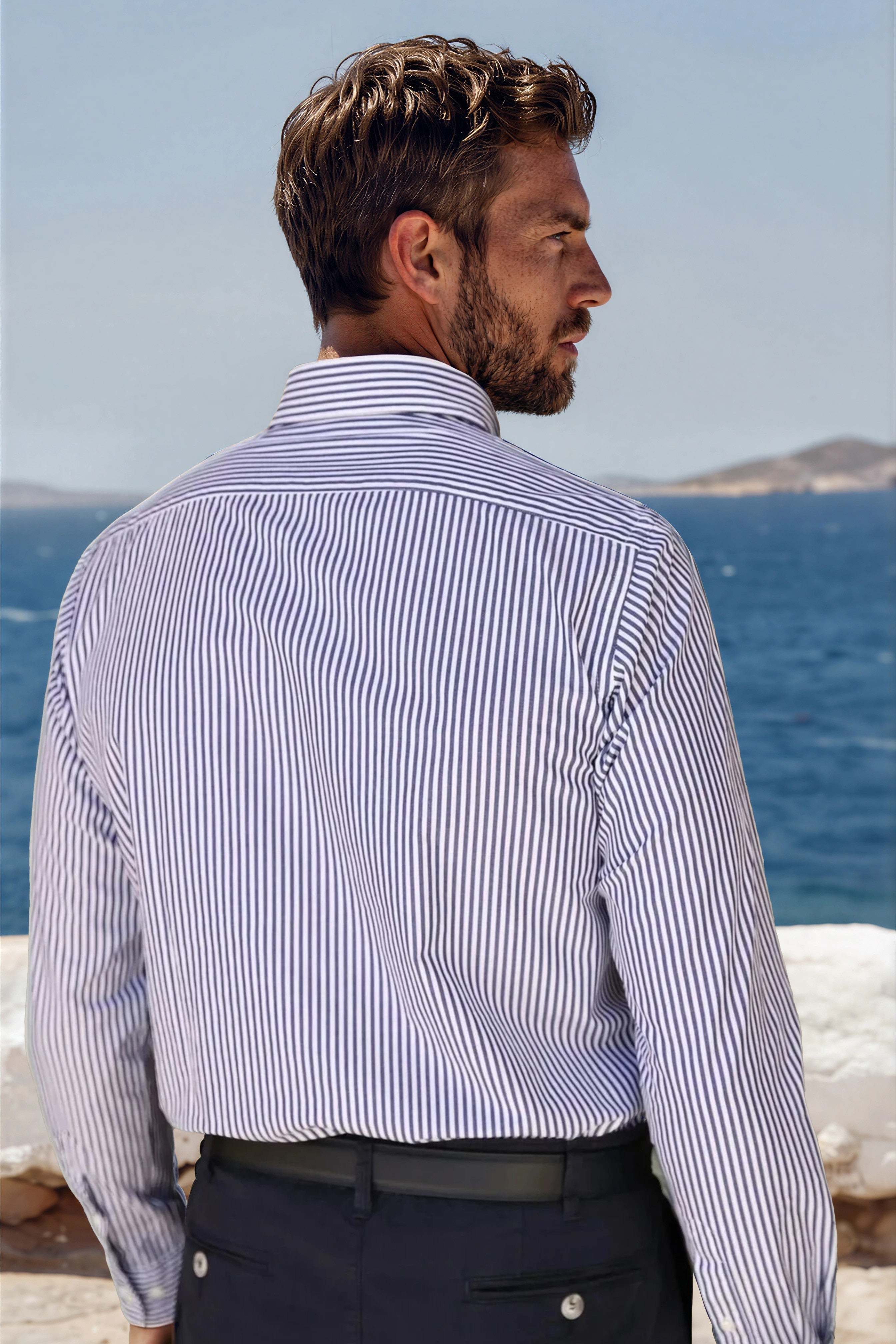 Chemise Clovis col boutonné à rayures bâton - Marine-CHEMISE HOMME-Curling-Paris