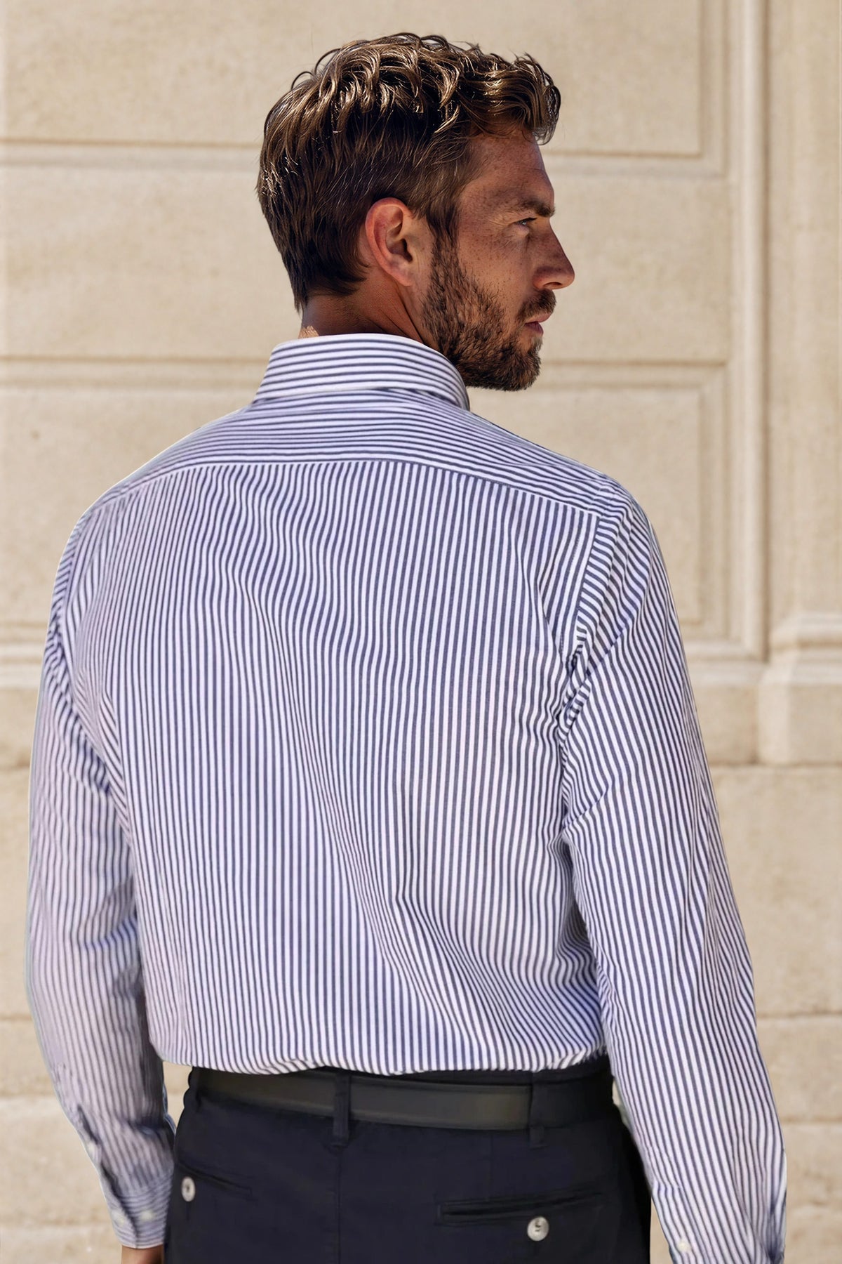 Chemise Clovis col boutonné à rayures bâton - Marine-CHEMISE HOMME-Curling-Paris