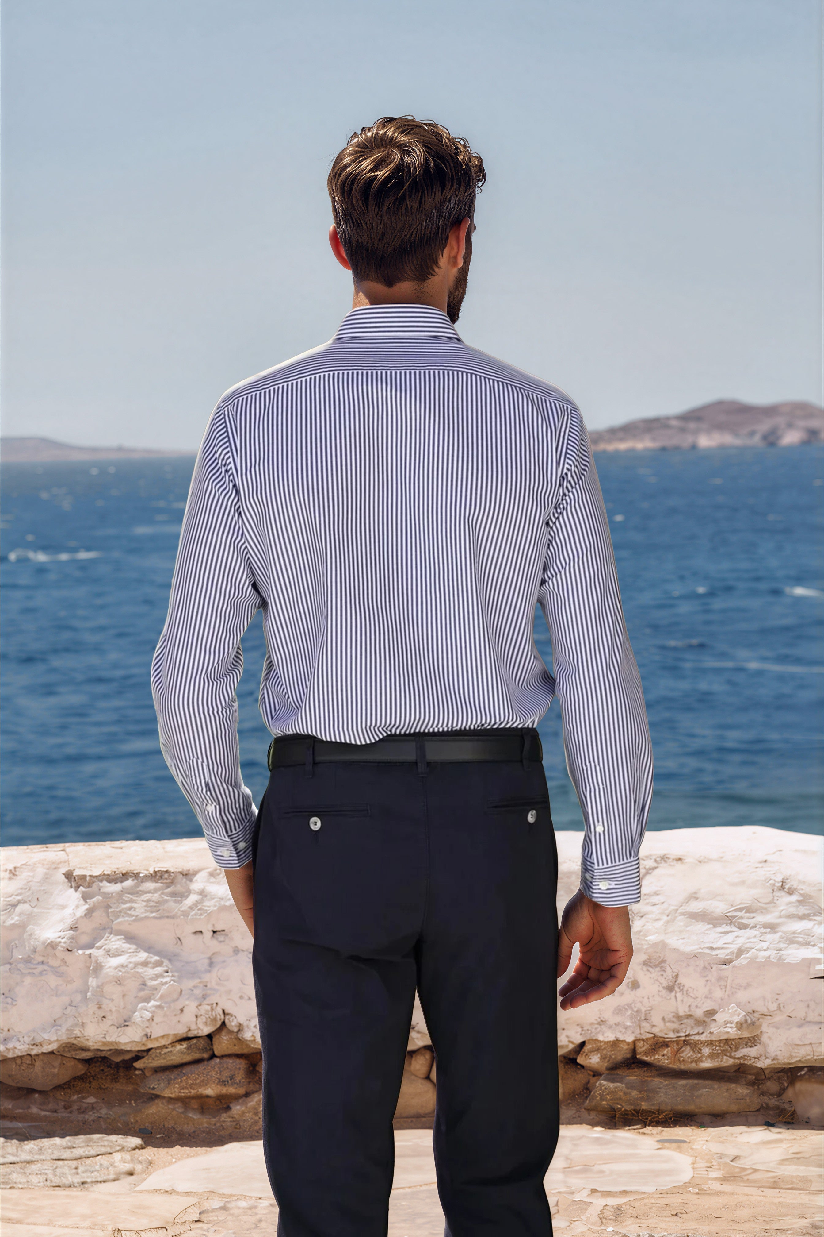 Chemise Clovis col boutonné à rayures bâton - Marine-CHEMISE HOMME-Curling-Paris