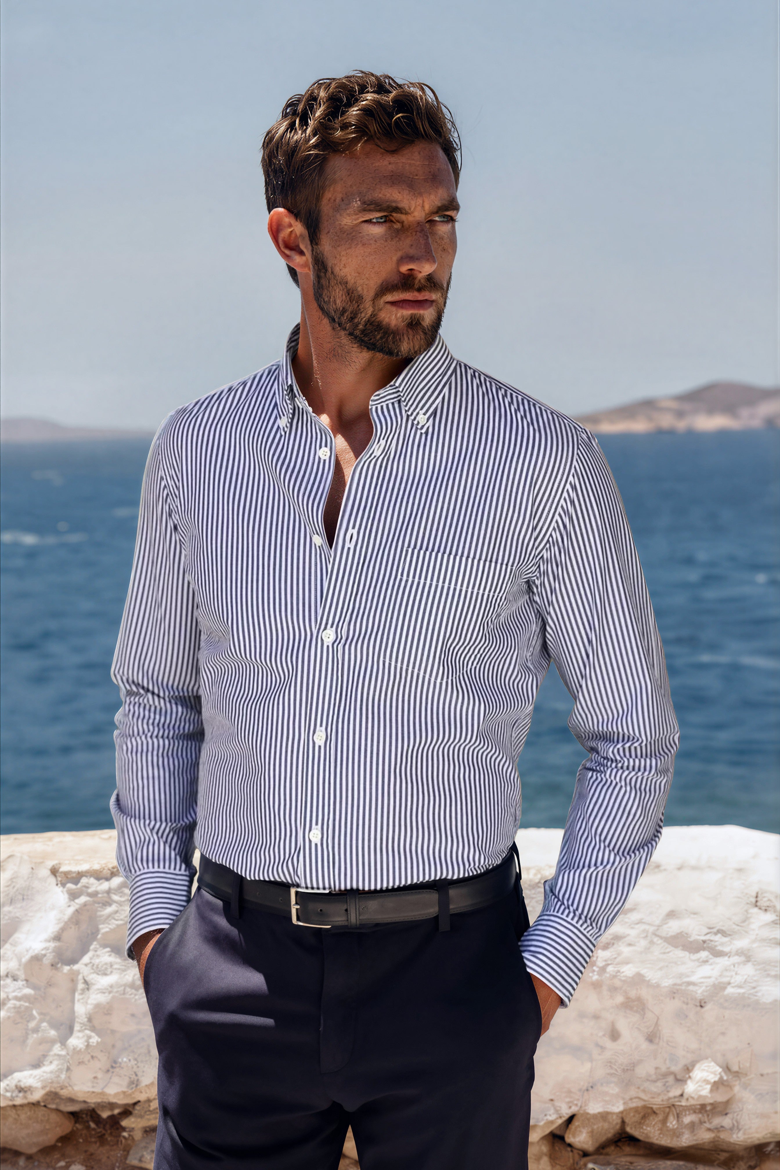 Chemise Clovis col boutonné à rayures bâton - Marine-CHEMISE HOMME-Curling-Paris