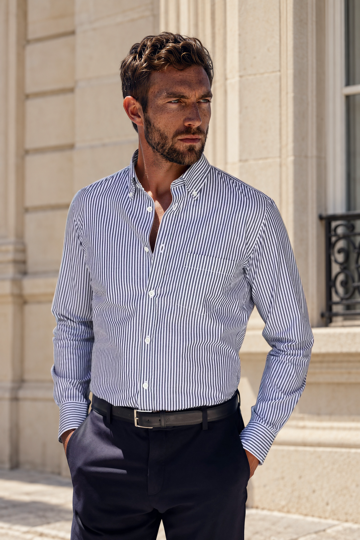 Chemise Clovis col boutonné à rayures bâton - Marine-CHEMISE HOMME-Curling-Paris