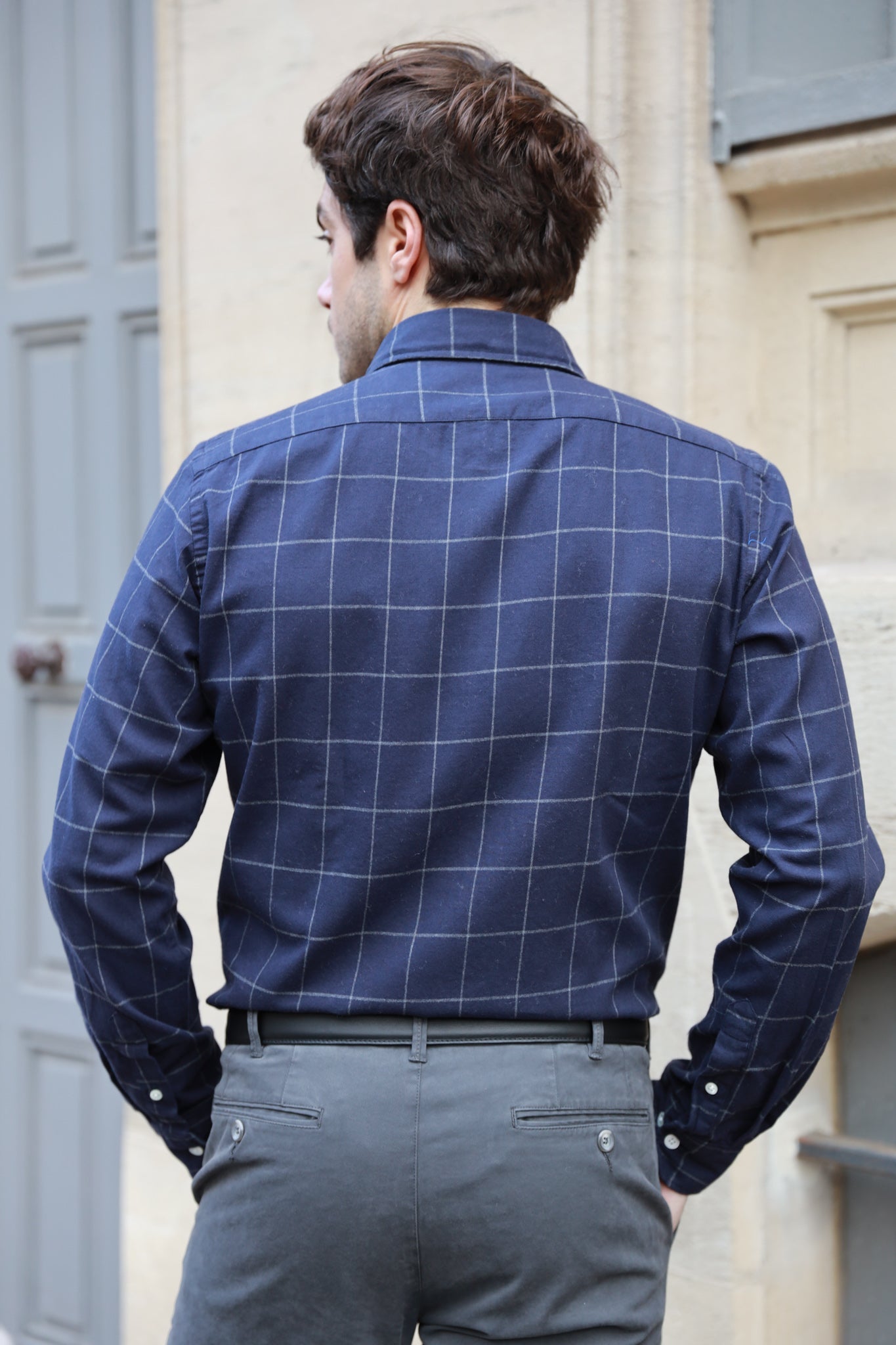 Chemise Clovis col boutonné en flanelle de coton - Carreaux Marine-CHEMISE HOMME-Curling-Paris