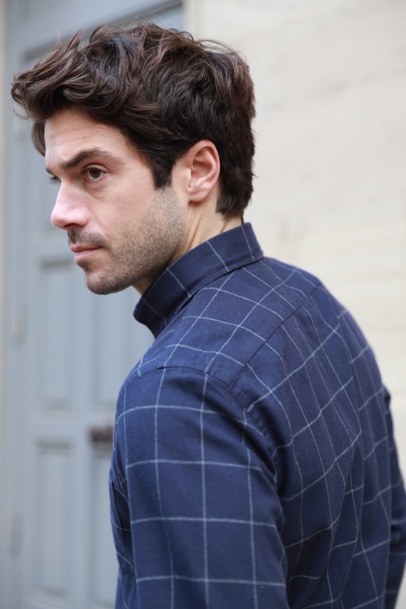 Chemise Clovis col boutonné en flanelle de coton - Carreaux Marine-CHEMISE HOMME-Curling-Paris