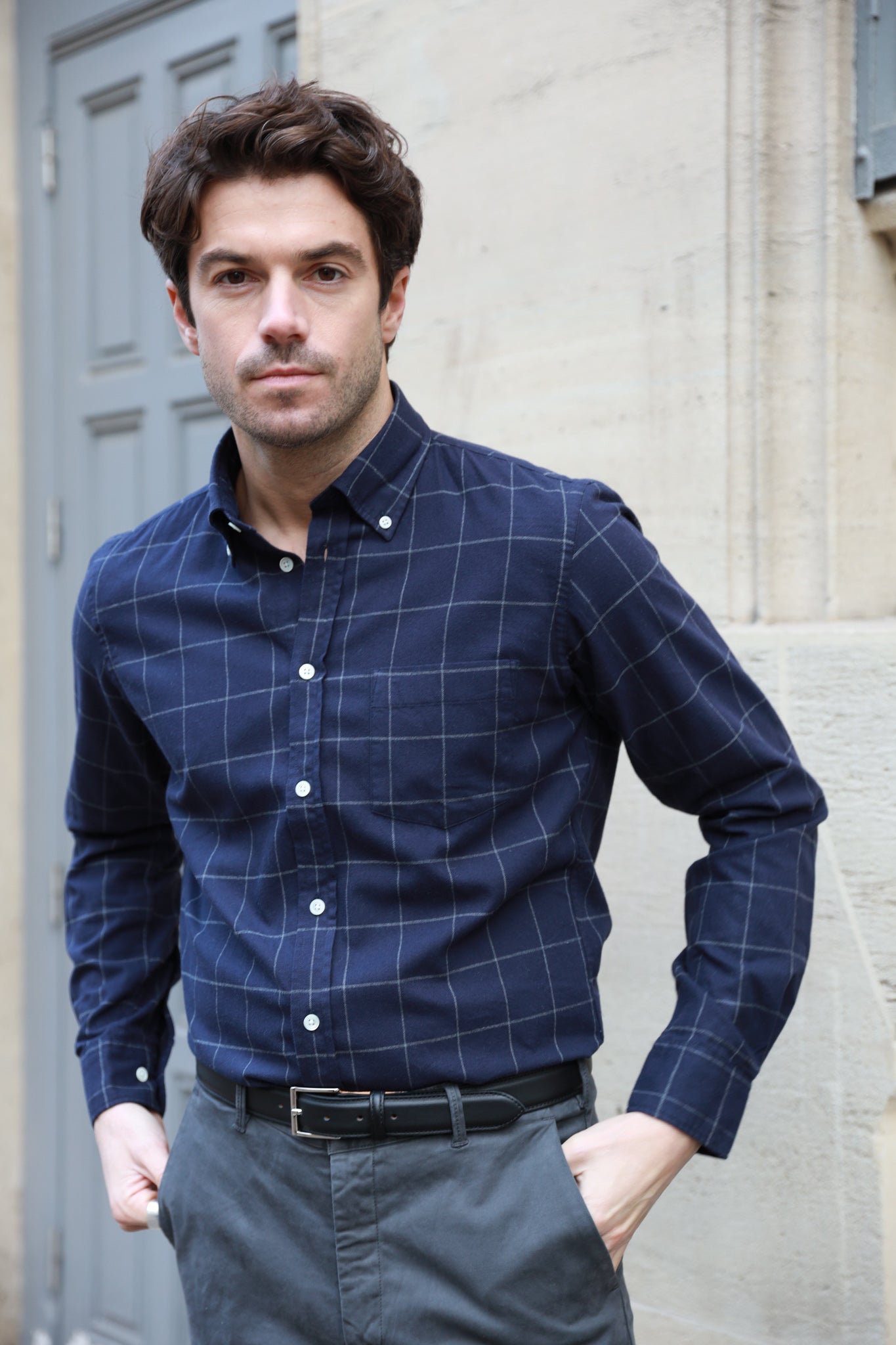 Chemise Clovis col boutonné en flanelle de coton - Carreaux Marine-CHEMISE HOMME-Curling-Paris