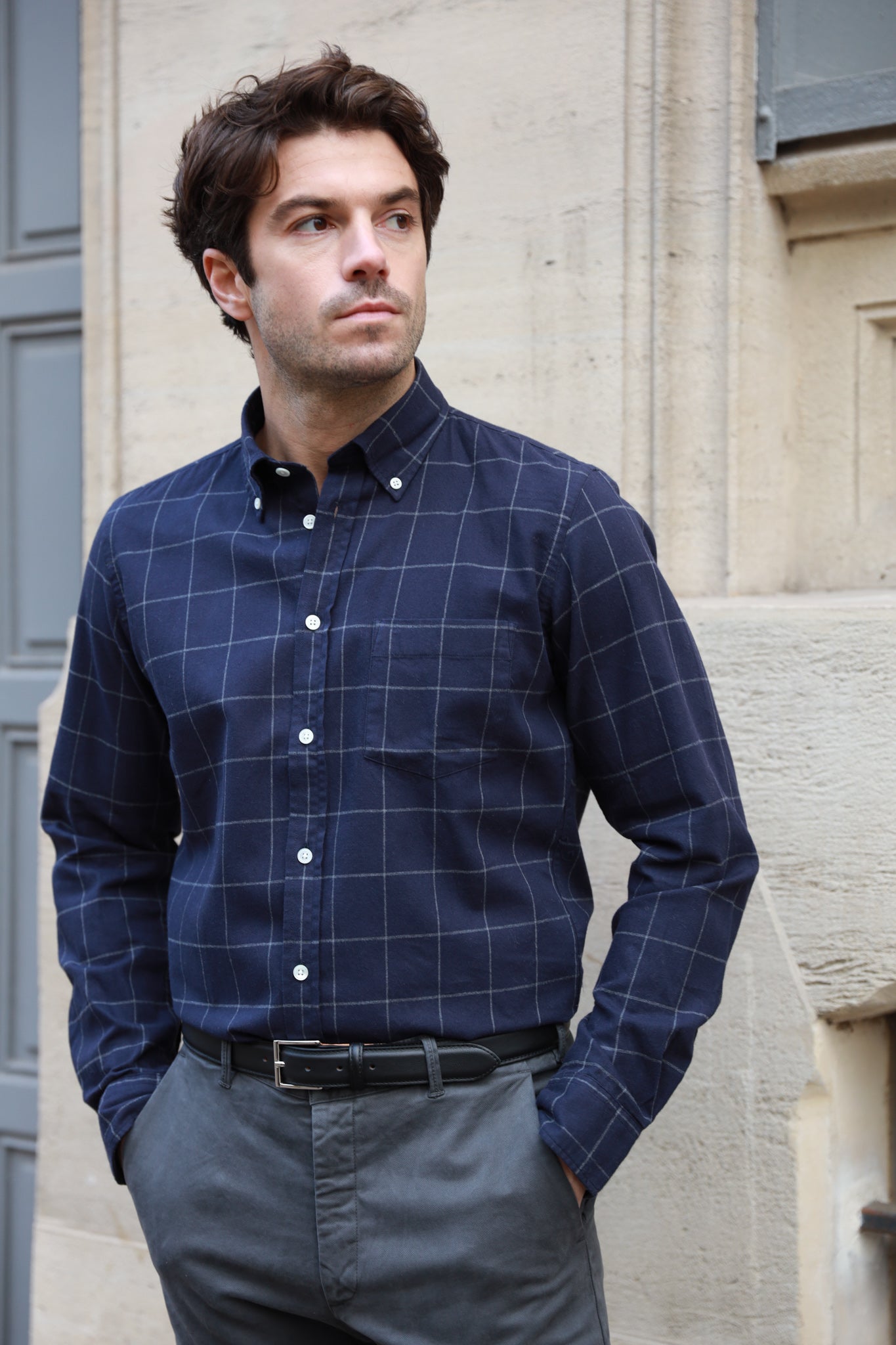 Chemise Clovis col boutonné en flanelle de coton - Carreaux Marine-CHEMISE HOMME-Curling-Paris