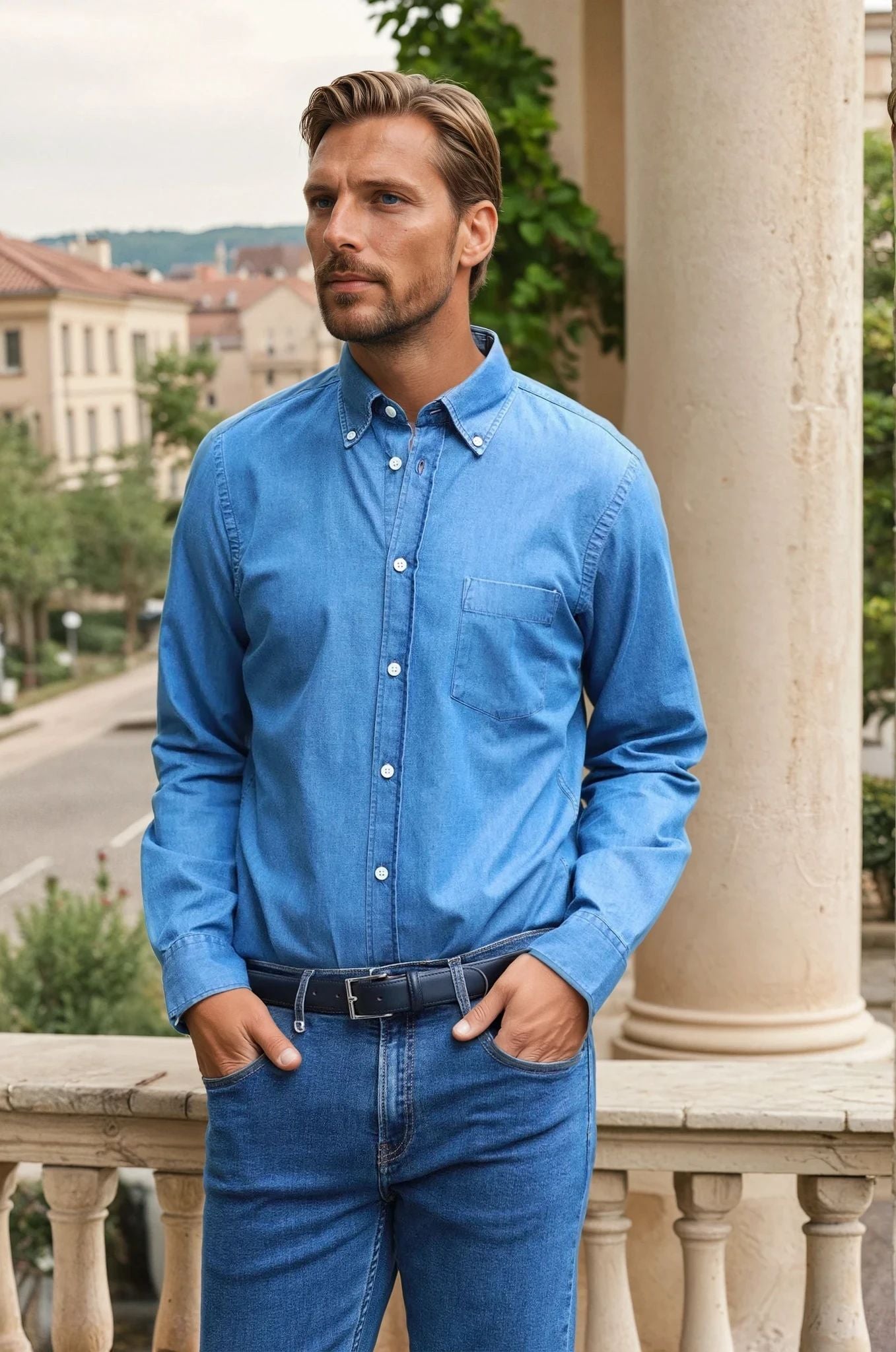 Chemise Clovis col boutonné en jean - bleu-CHEMISE HOMME-Curling-Paris